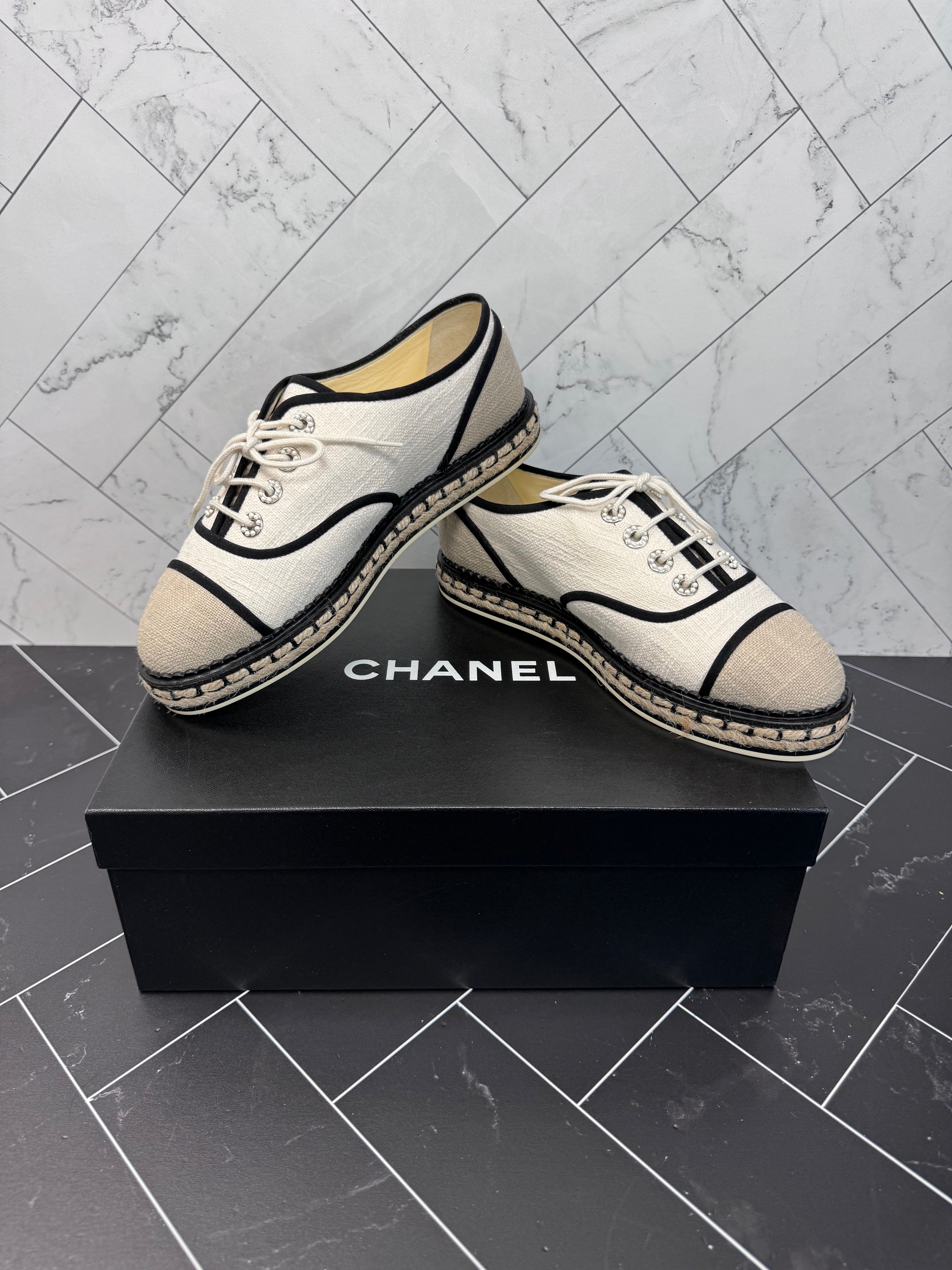 BRAND NEW- Chanel Beige Cotton Lace Up Espadrilles Size 36.5