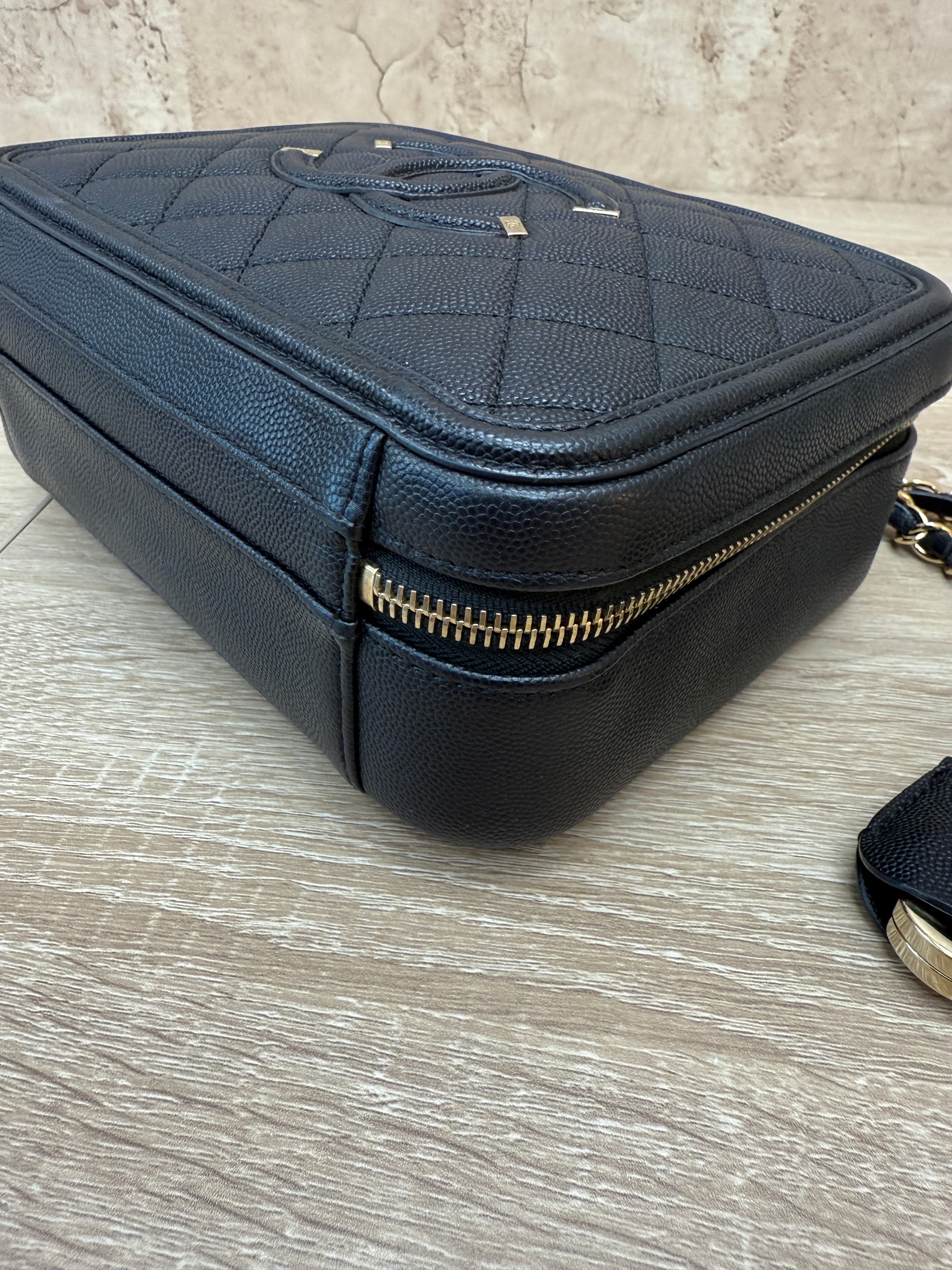 Chanel Black Caviar Quilted Medium CC Filigree Vanity Case