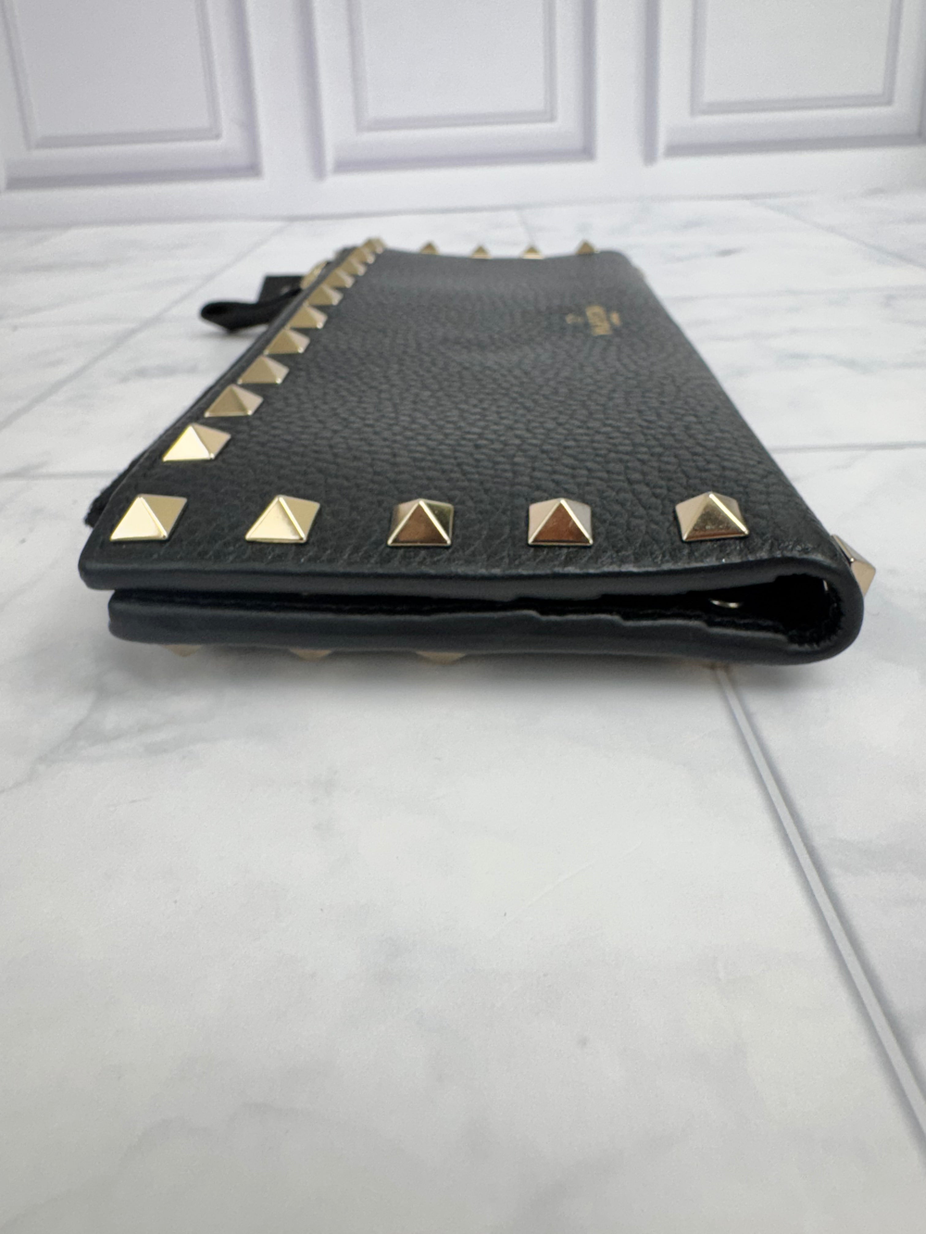Valentino Black Pebbled Leather Rockstud Double Zip Wallet
