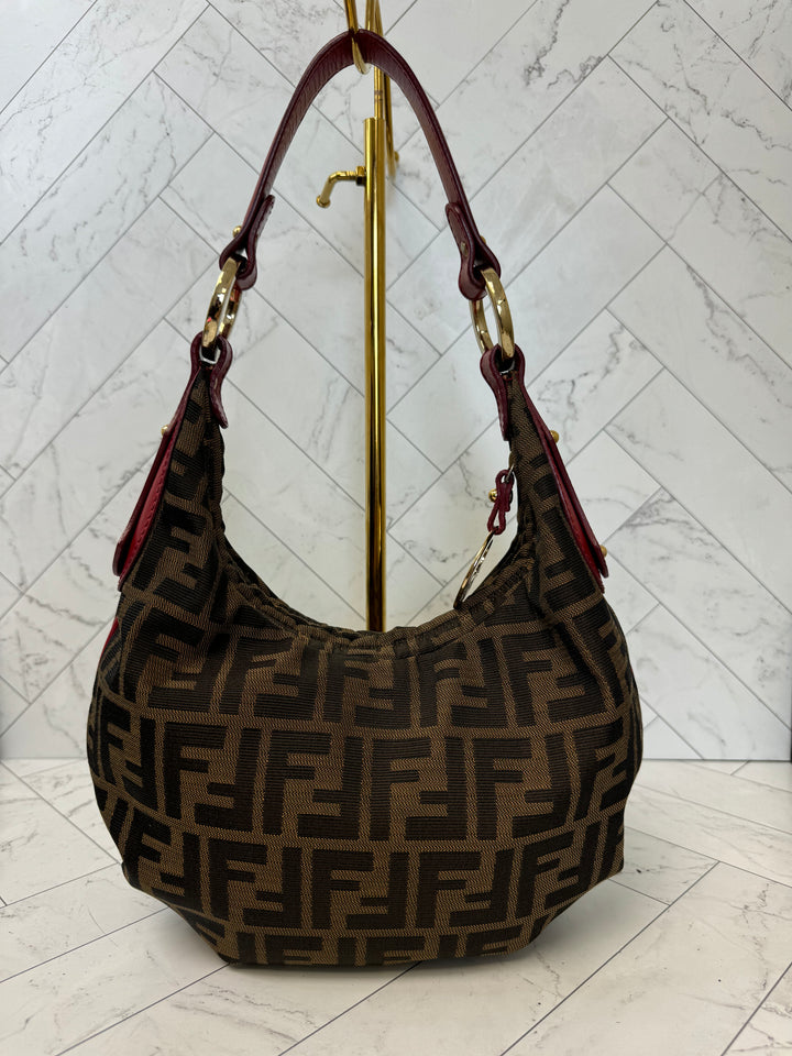 Fendi  Zucca Canvas and Red Leather Shoulder Bag