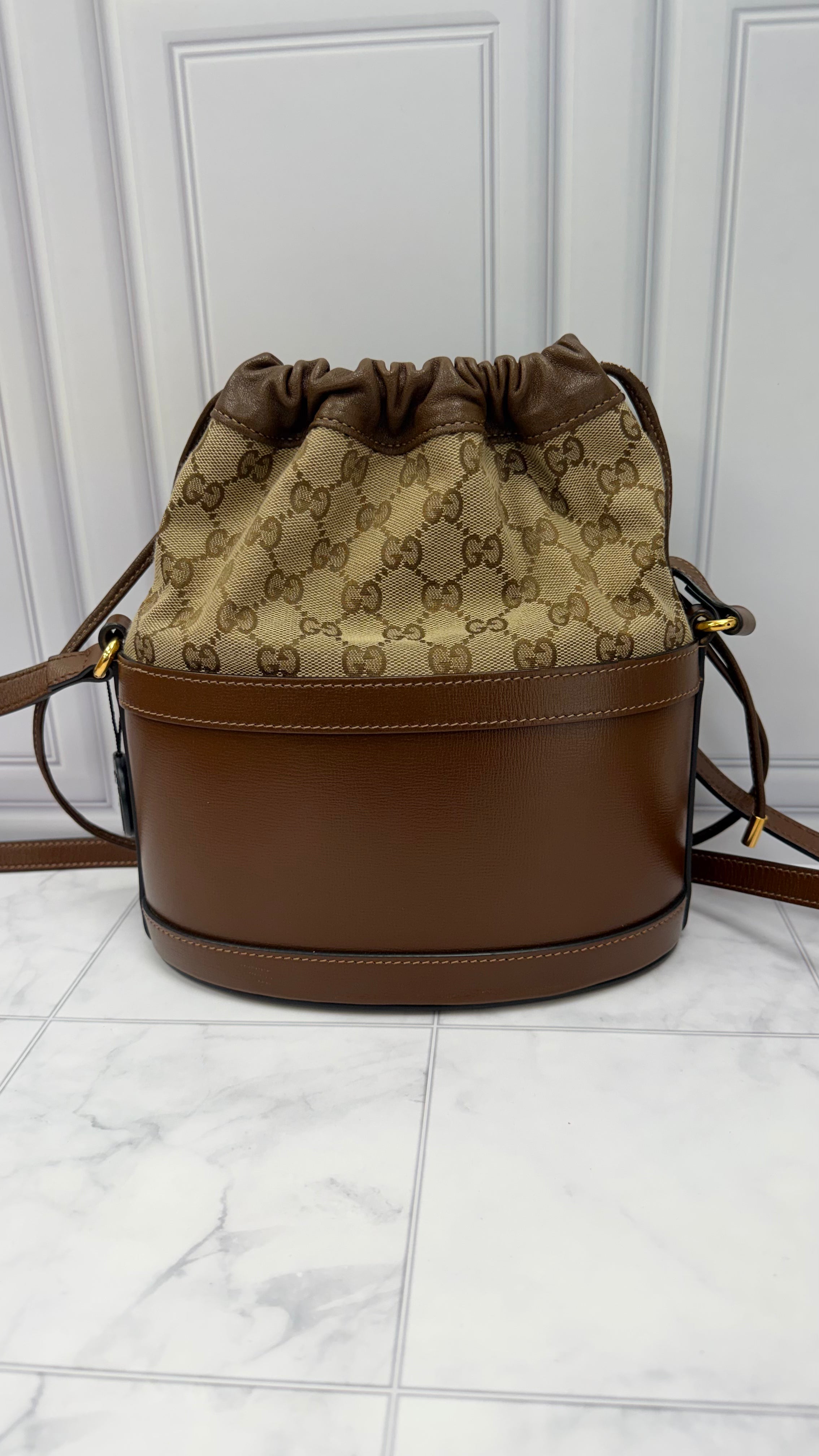 *DONS DROP*  Gucci Brown GG Canvas & Leather 1955 Drawstring Bucket Crossbody