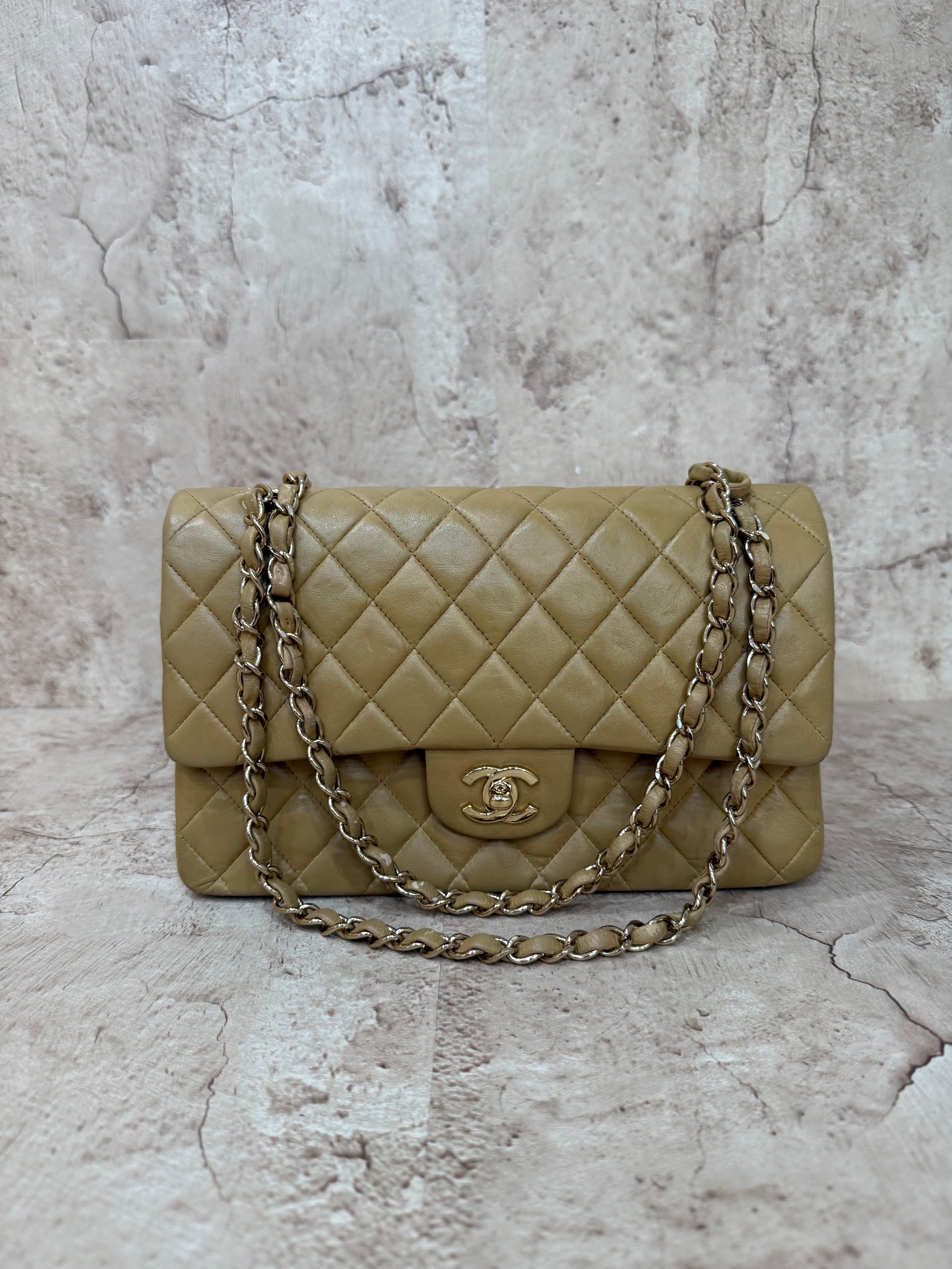 Chanel Beige Lambskin Quilted Medium Double Flap