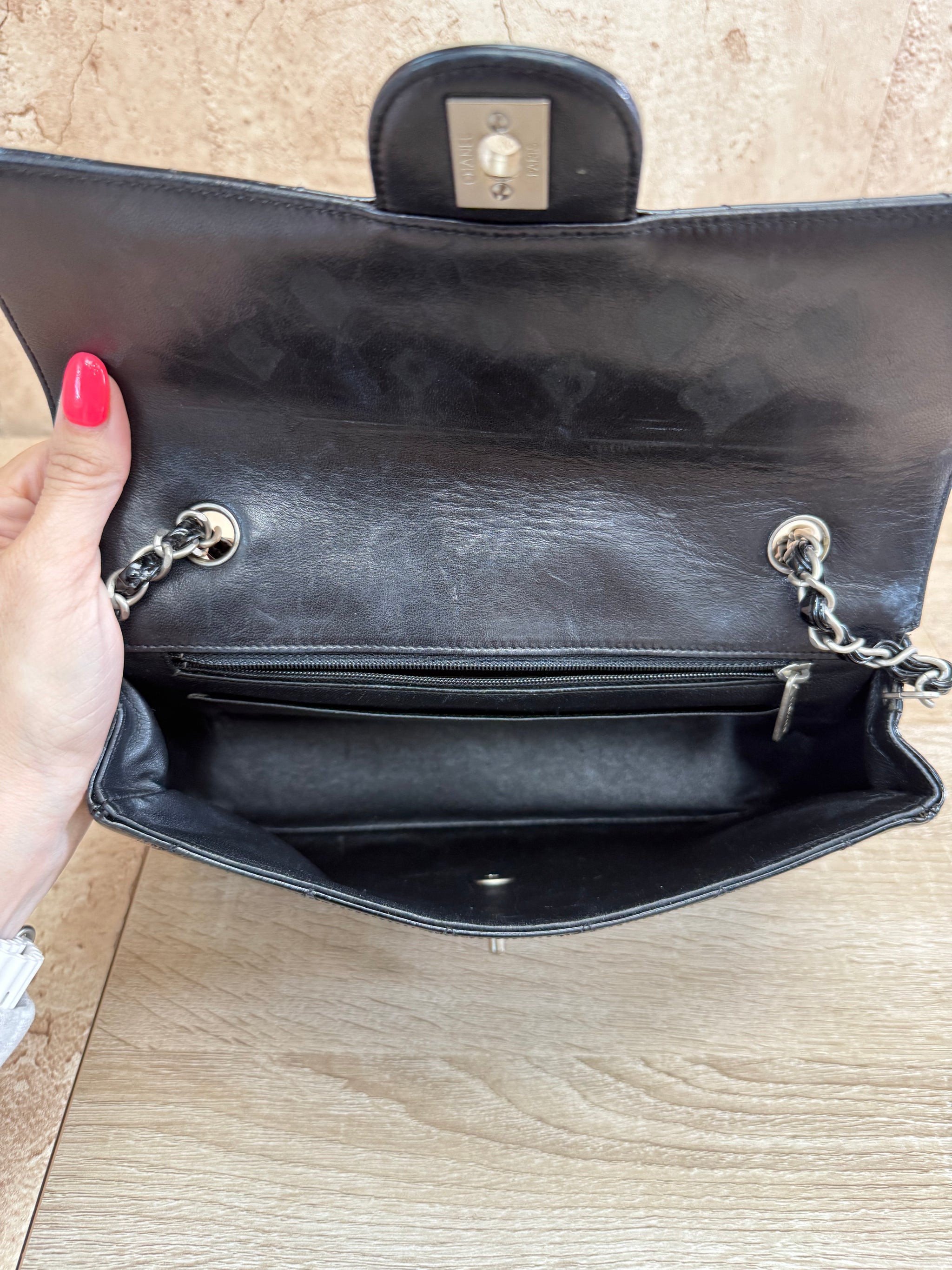 Chanel Quilted Black Patent Leather Flap Bag