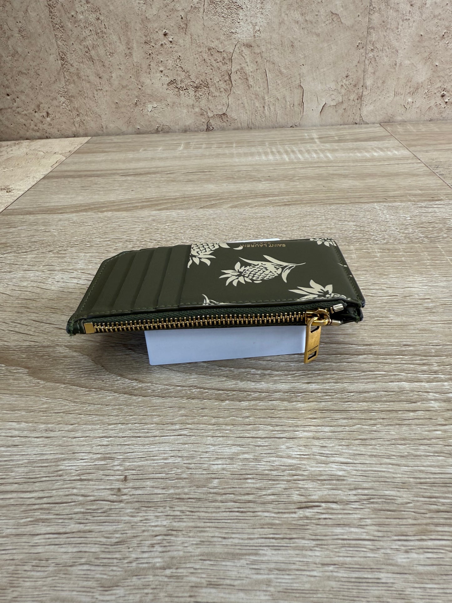 Saint Laurent YSL Green Leather Pineapple Zip Card Coin Case