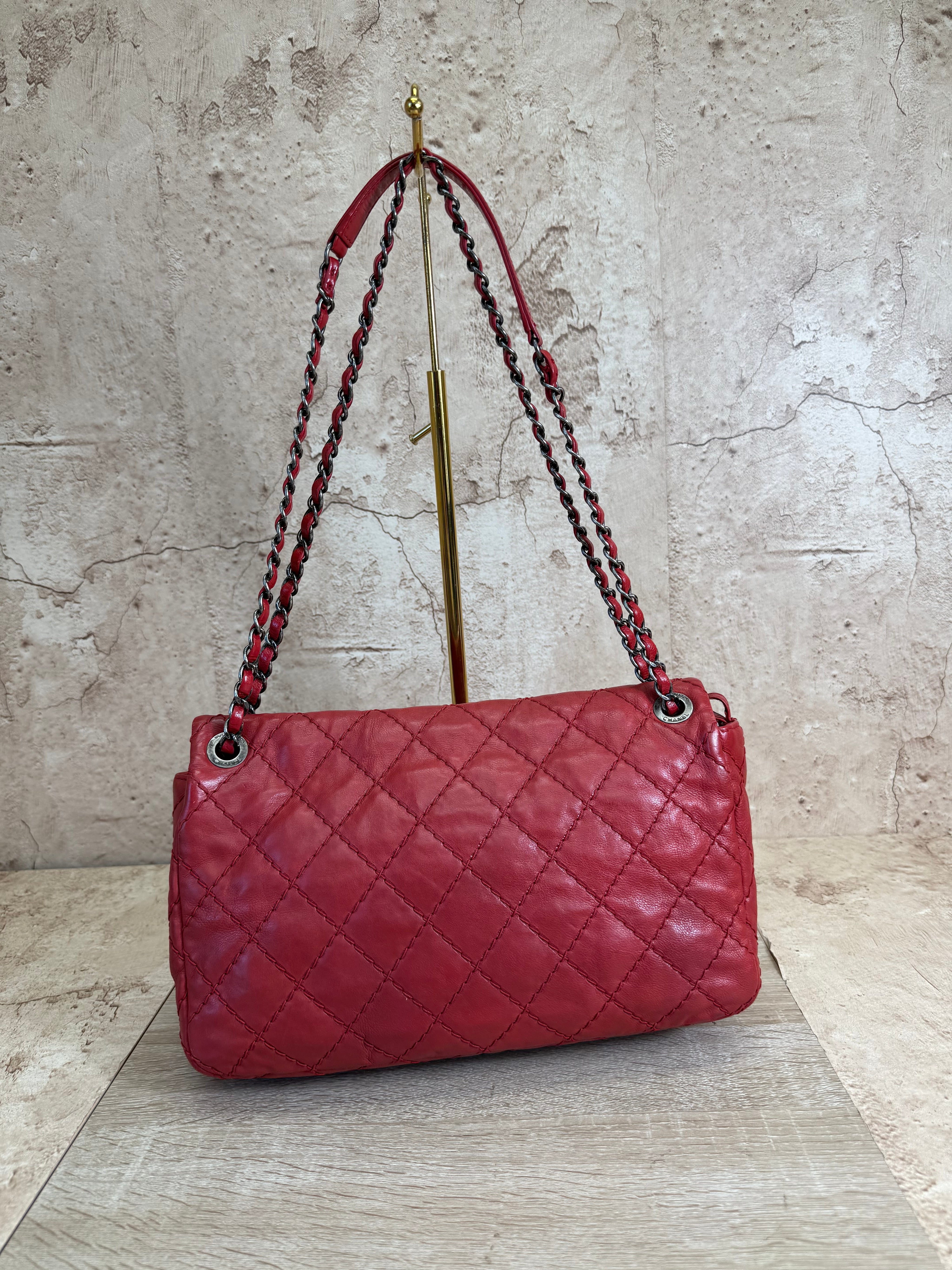 Chanel Red Double Pocket Stitch Chain Crossbody Bag