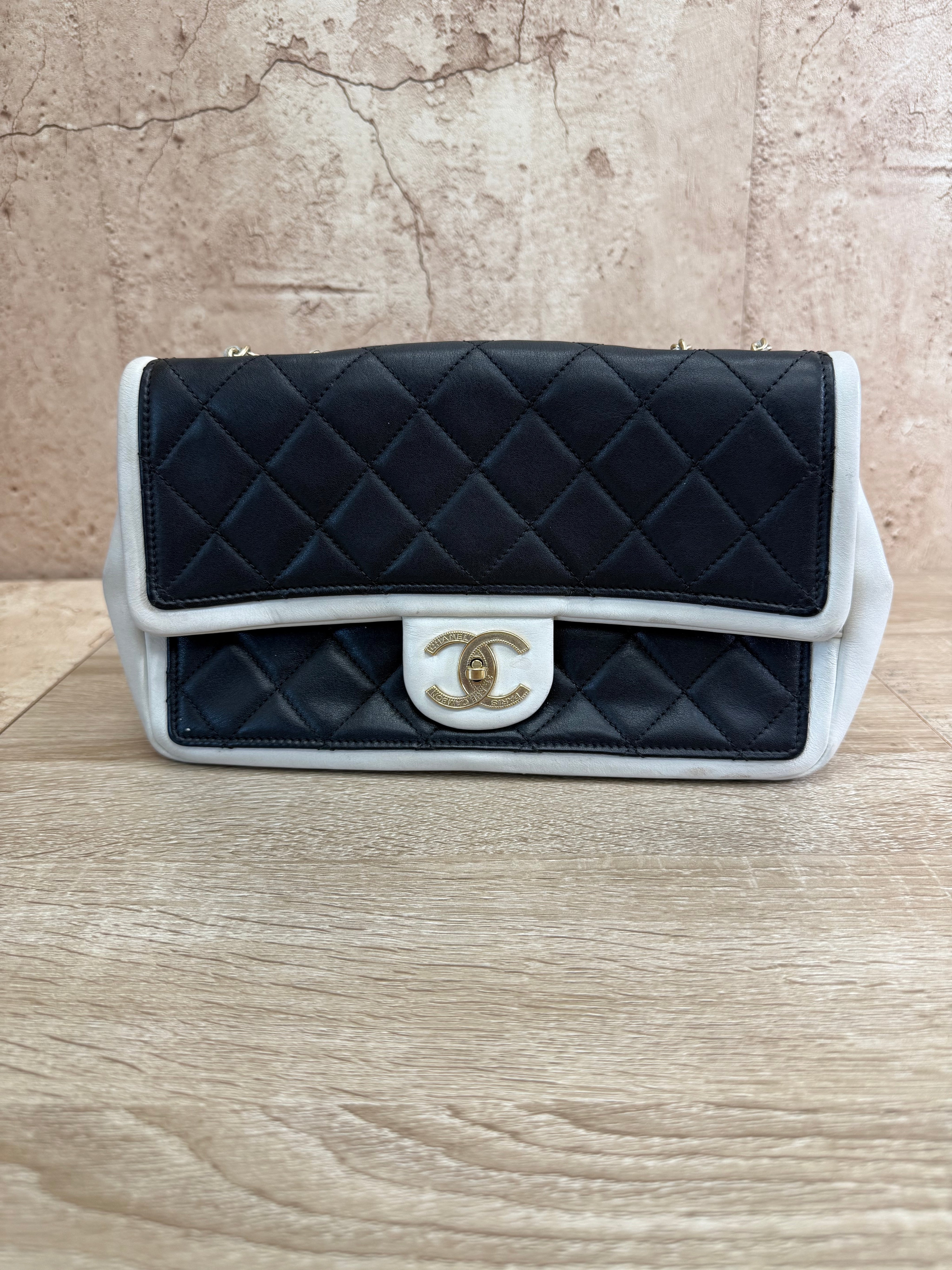 Chanel Black & White Quilted Lambskin Medium Single Flap Bag