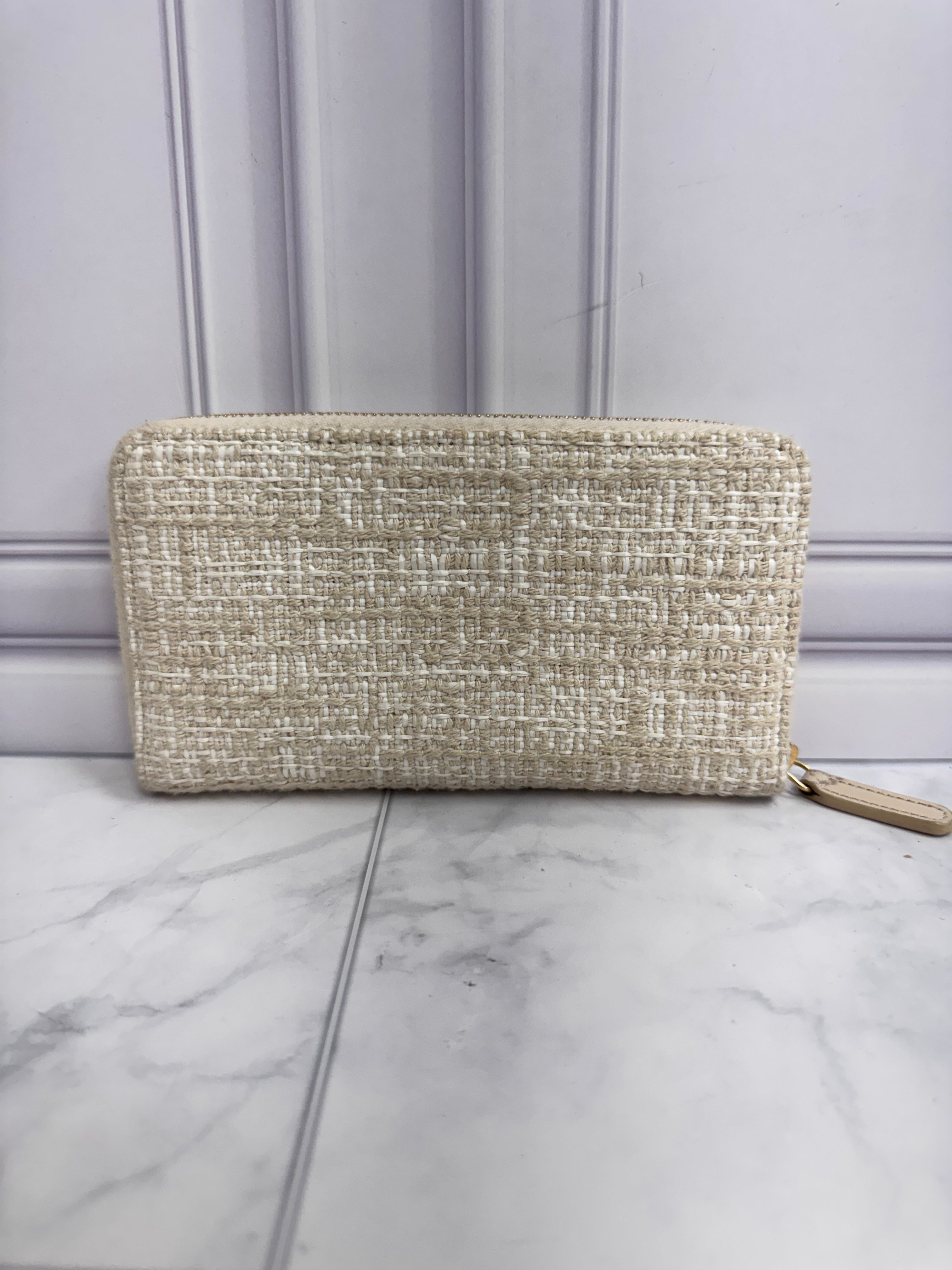 Chanel Beige Tweed Deauville Compact Zippy Wallet