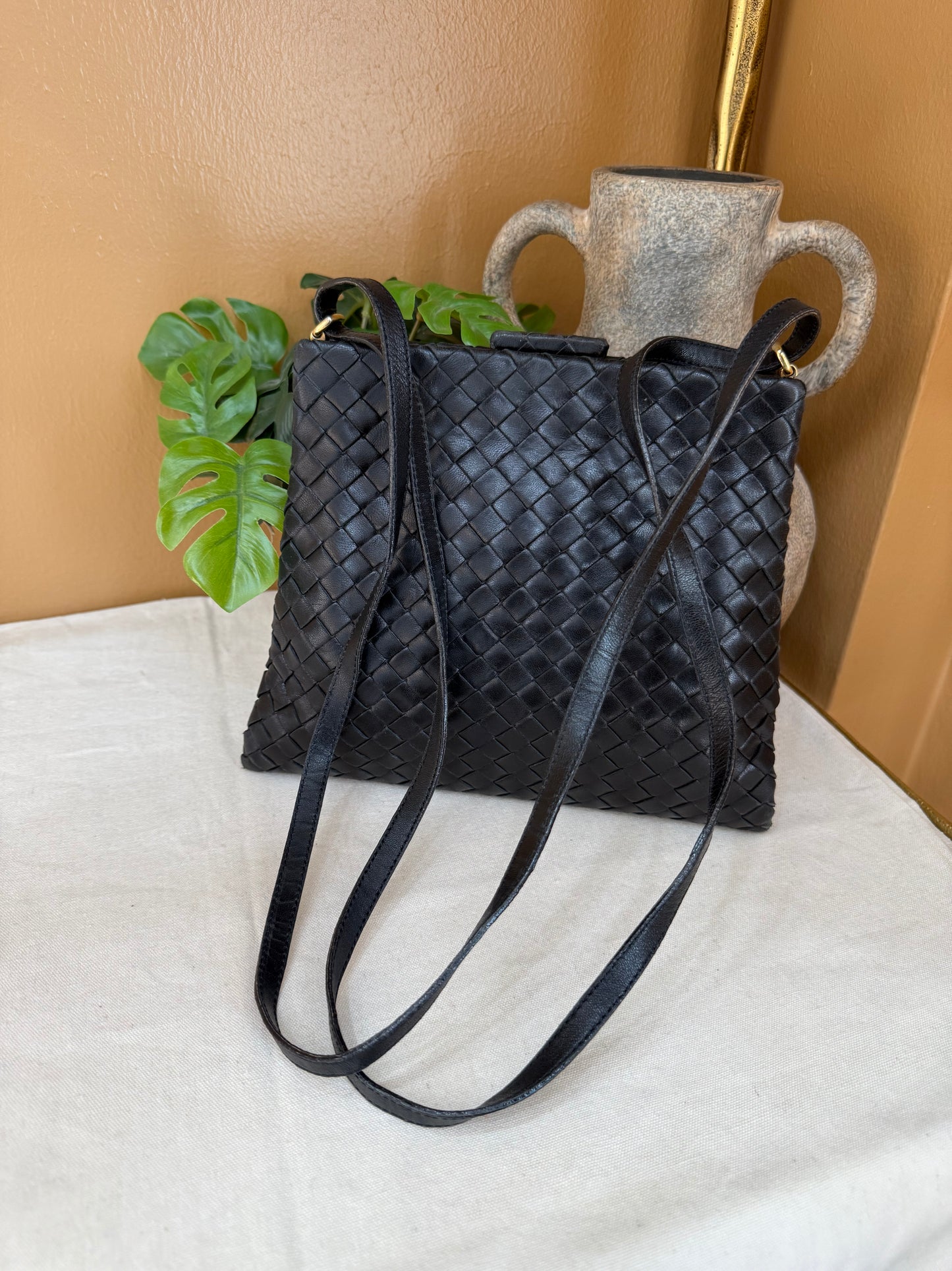 Bottega Veneta Vintage Black Intrecciato Leather Shoulder Bag