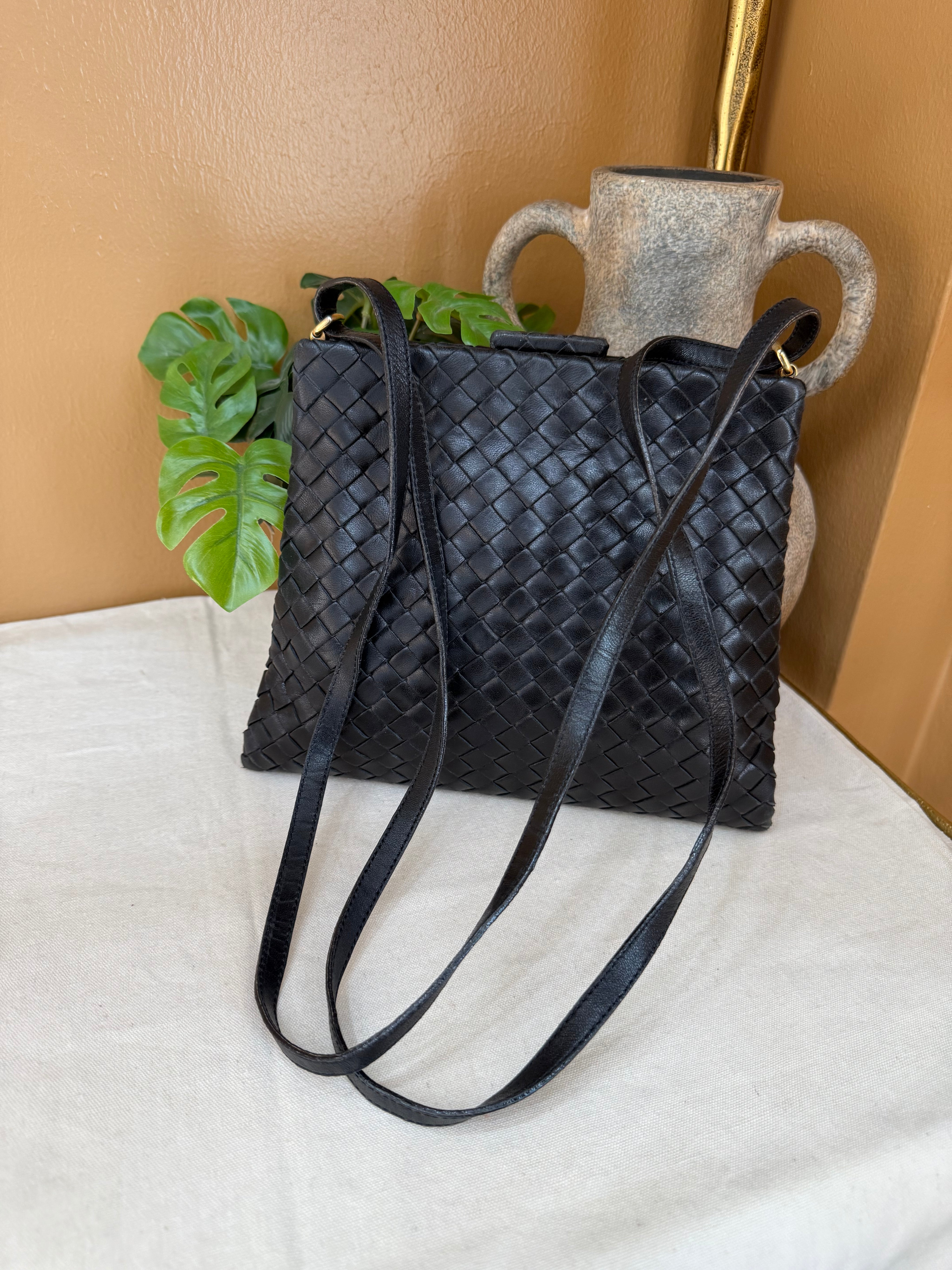 Bottega Veneta Vintage Black Intrecciato Leather Shoulder Bag