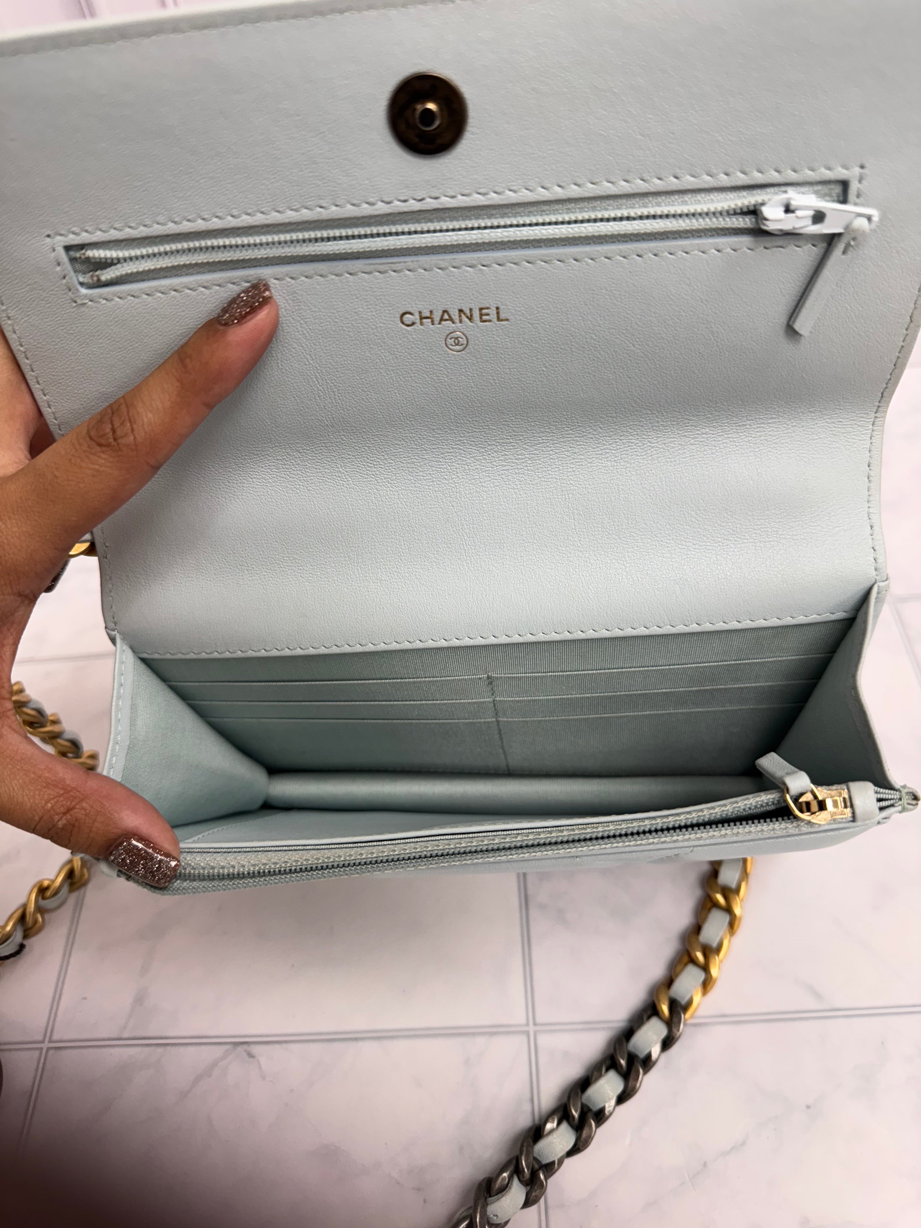 *DONS DROP* Chanel Light Blue Lambskin Quilted Leather Chanel 19 Wallet On A Chain