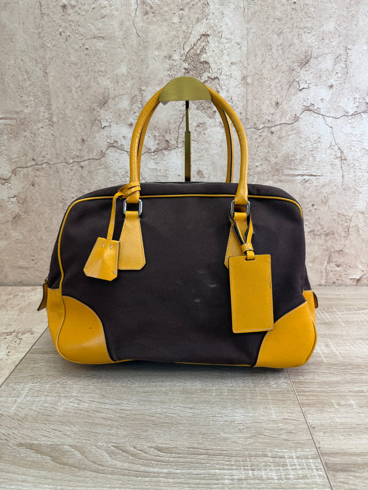 Prada Brown Canvas Canapa Bowler Bag