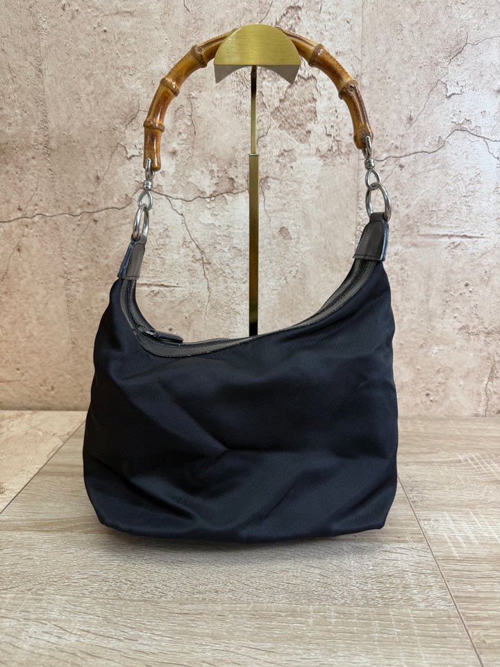 Gucci Black Canvas Bamboo Handle Shoulder Bag