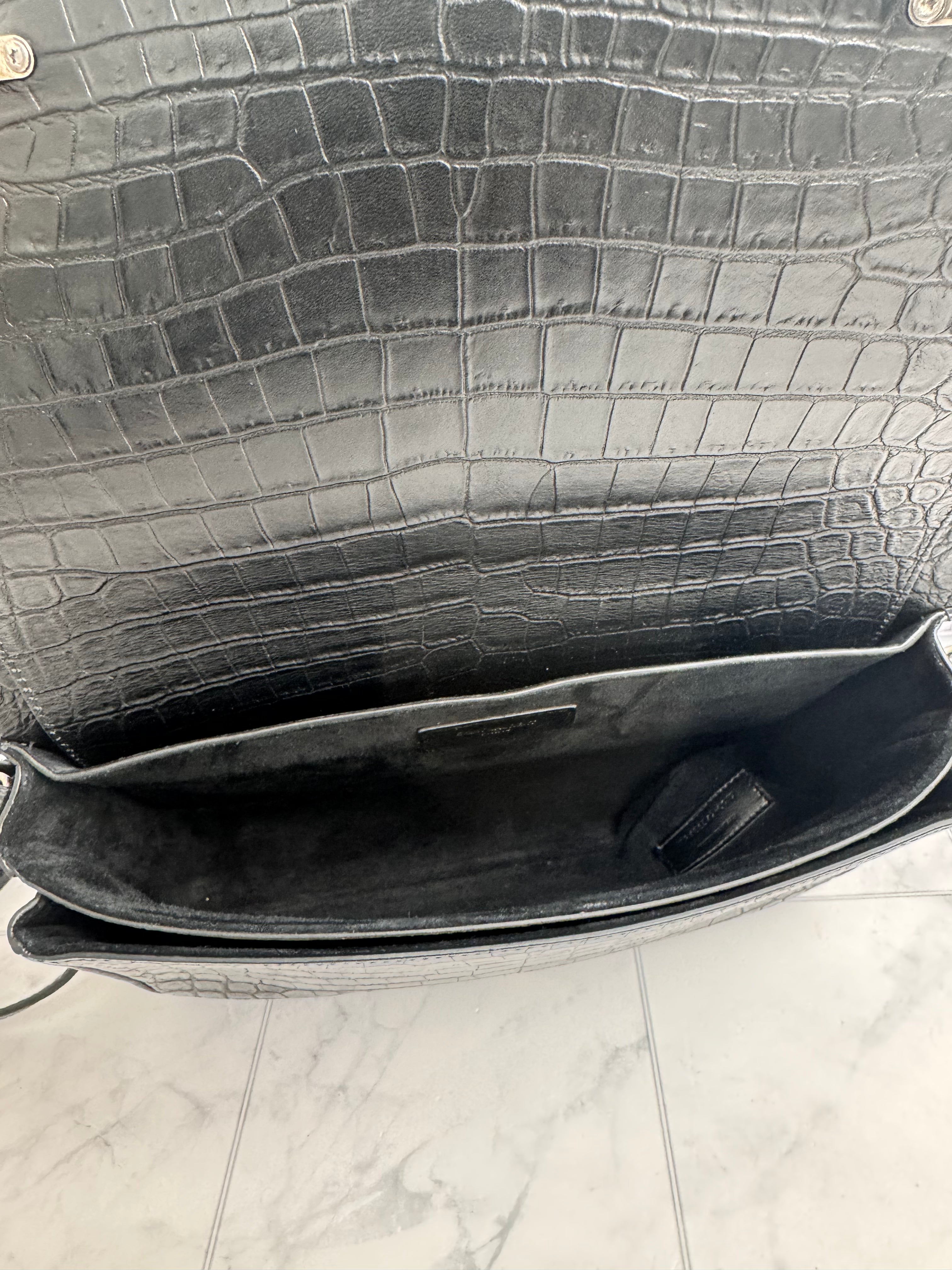 Saint Laurent YSL Black Croc Embossed Leather Charlotte Messenger Bag