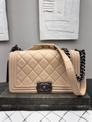 Chanel Beige Diamond Quilted Leather Medium Boy Flap Bag
