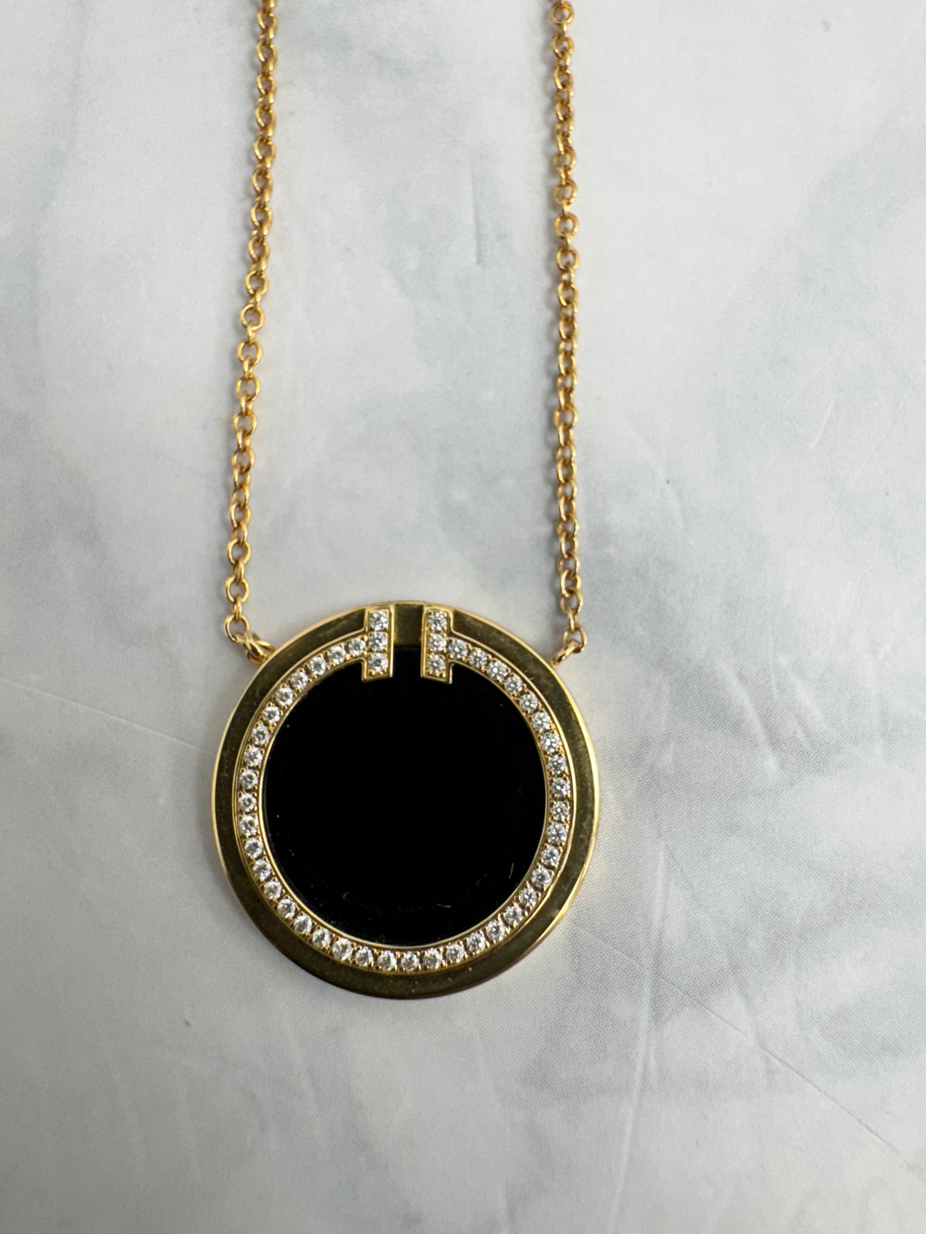 LIKE NEW - Tiffany & Co. Gold And Black Tiffany T Diamond Onyx Circle Pendant Necklace