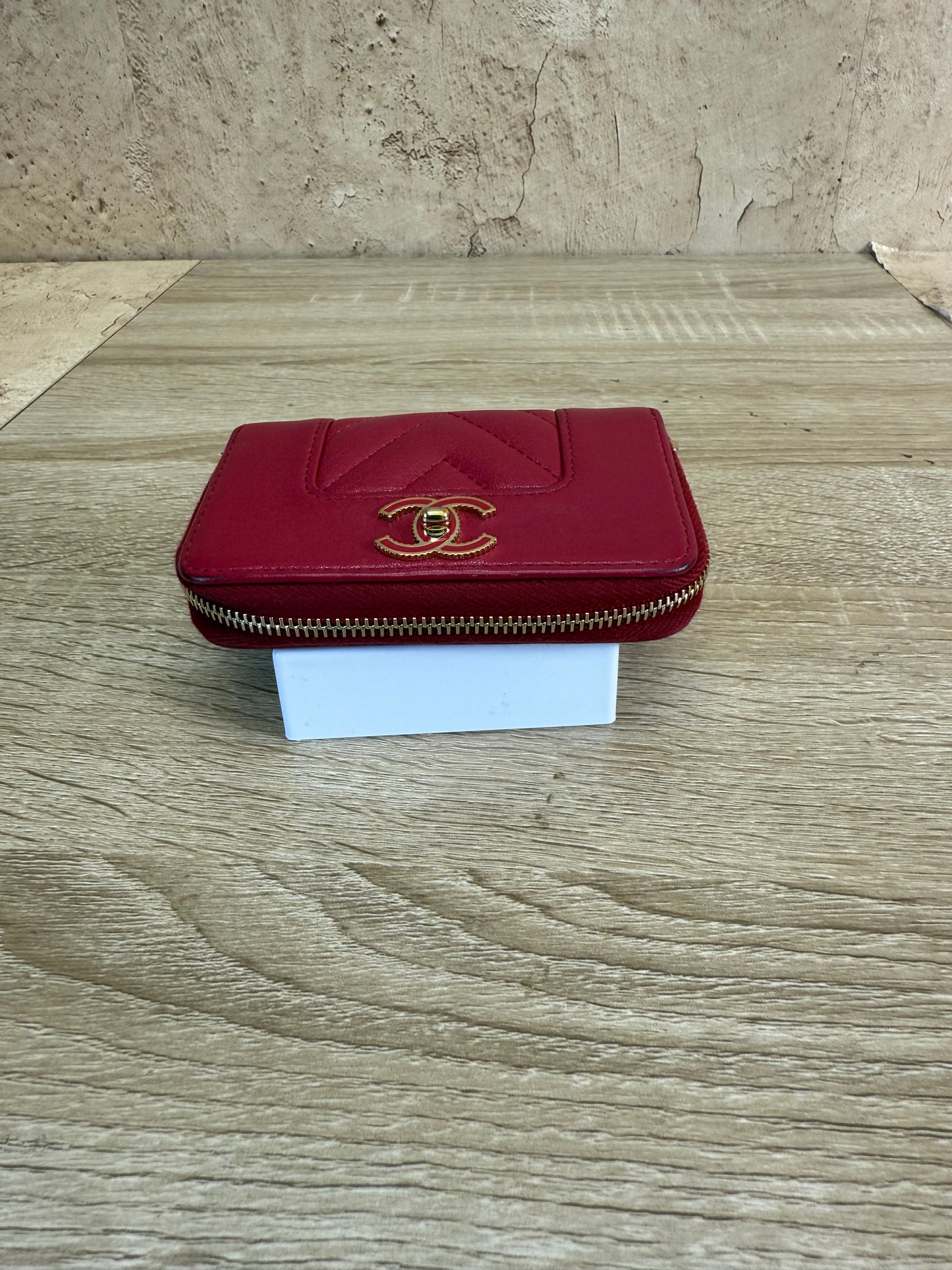 Chanel Chevron Red Leather Zippy Compact Wallet