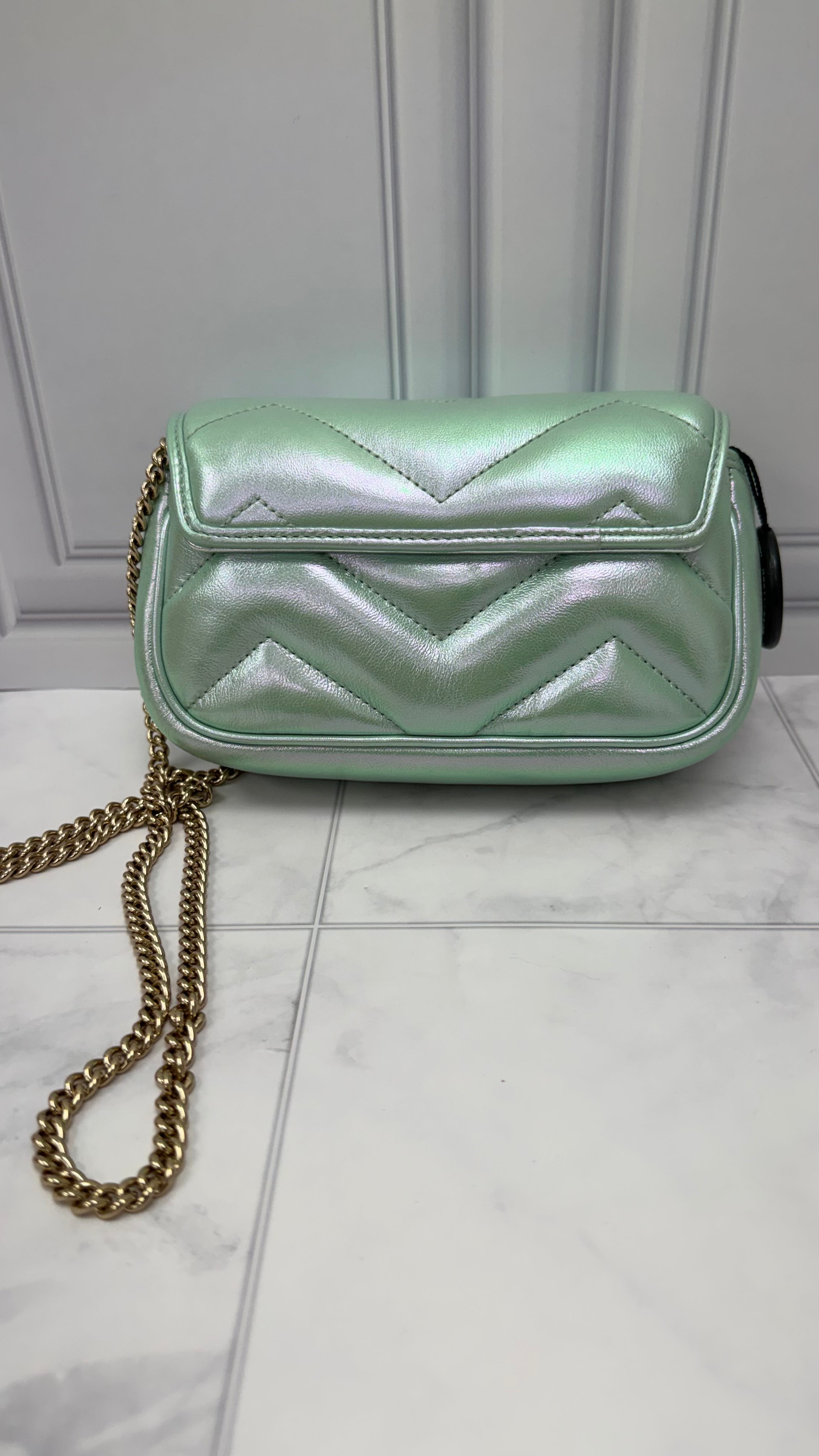 *DONS DROP* Gucci Iridescent Green Nappa Leather Super Mini Marmont Flap Bag