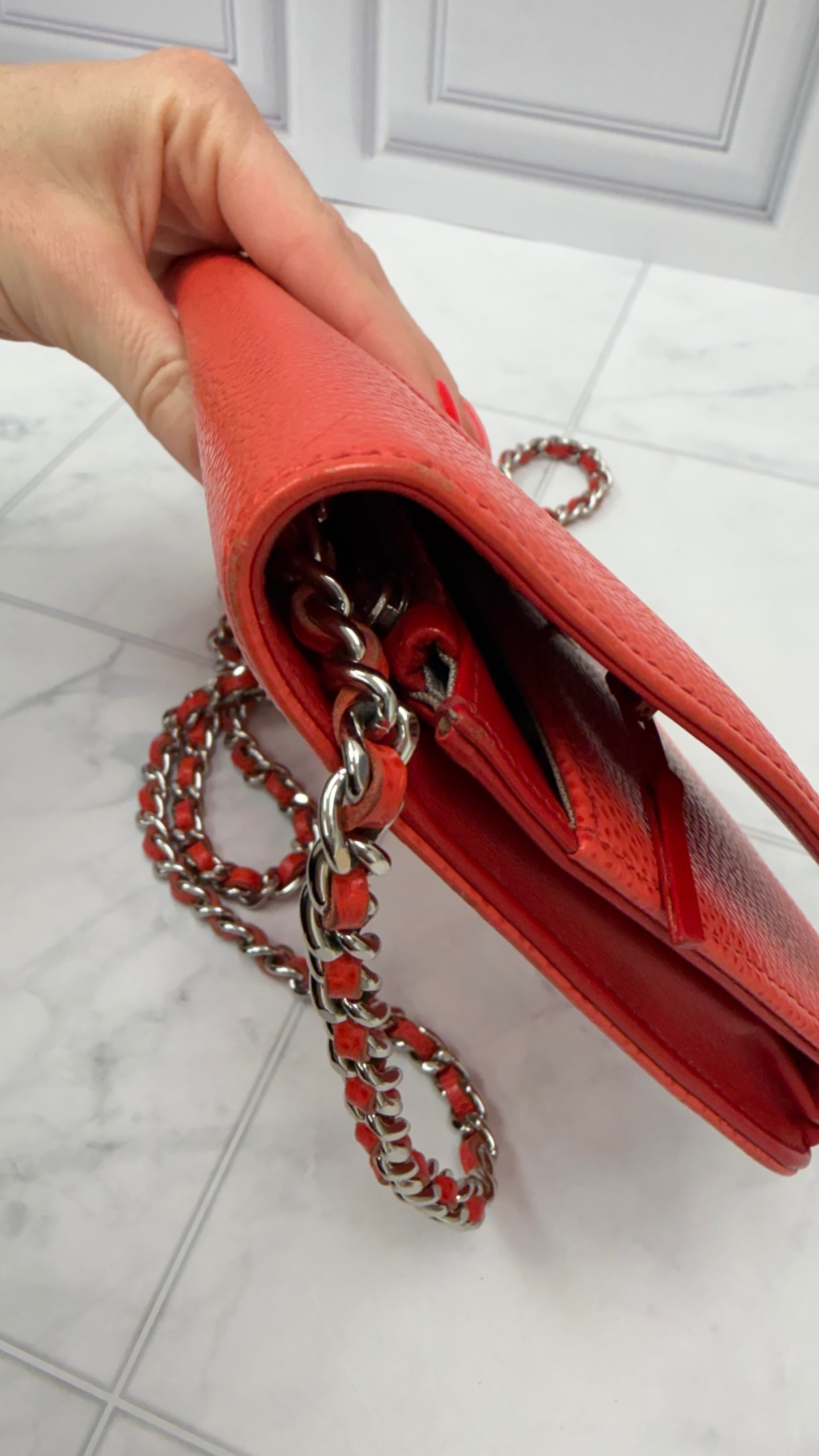 *DONS DROP* Chanel Orange & Red Caviar Leather Timeless Wallet on a Chain