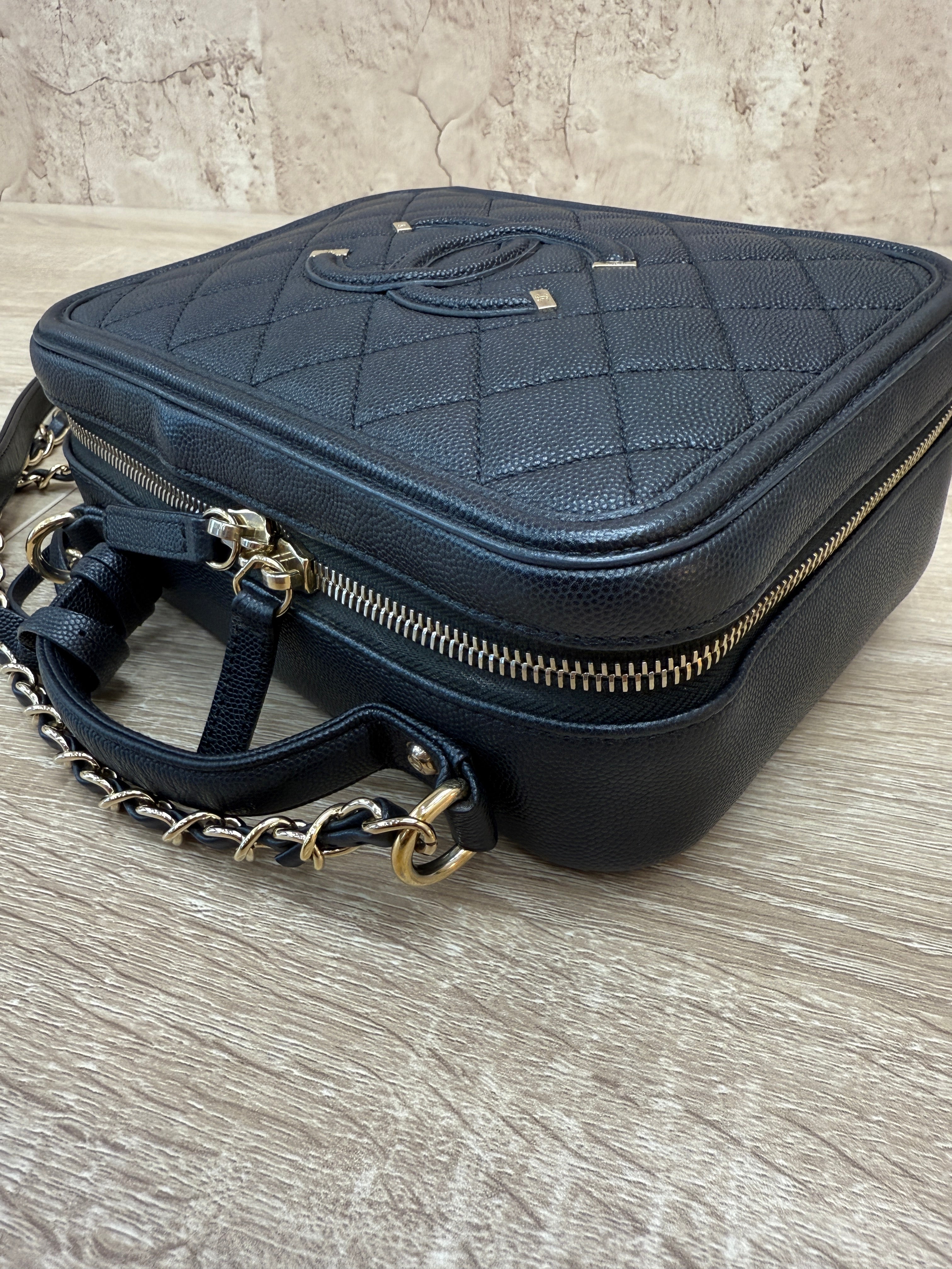 Chanel Black Caviar Quilted Medium CC Filigree Vanity Case