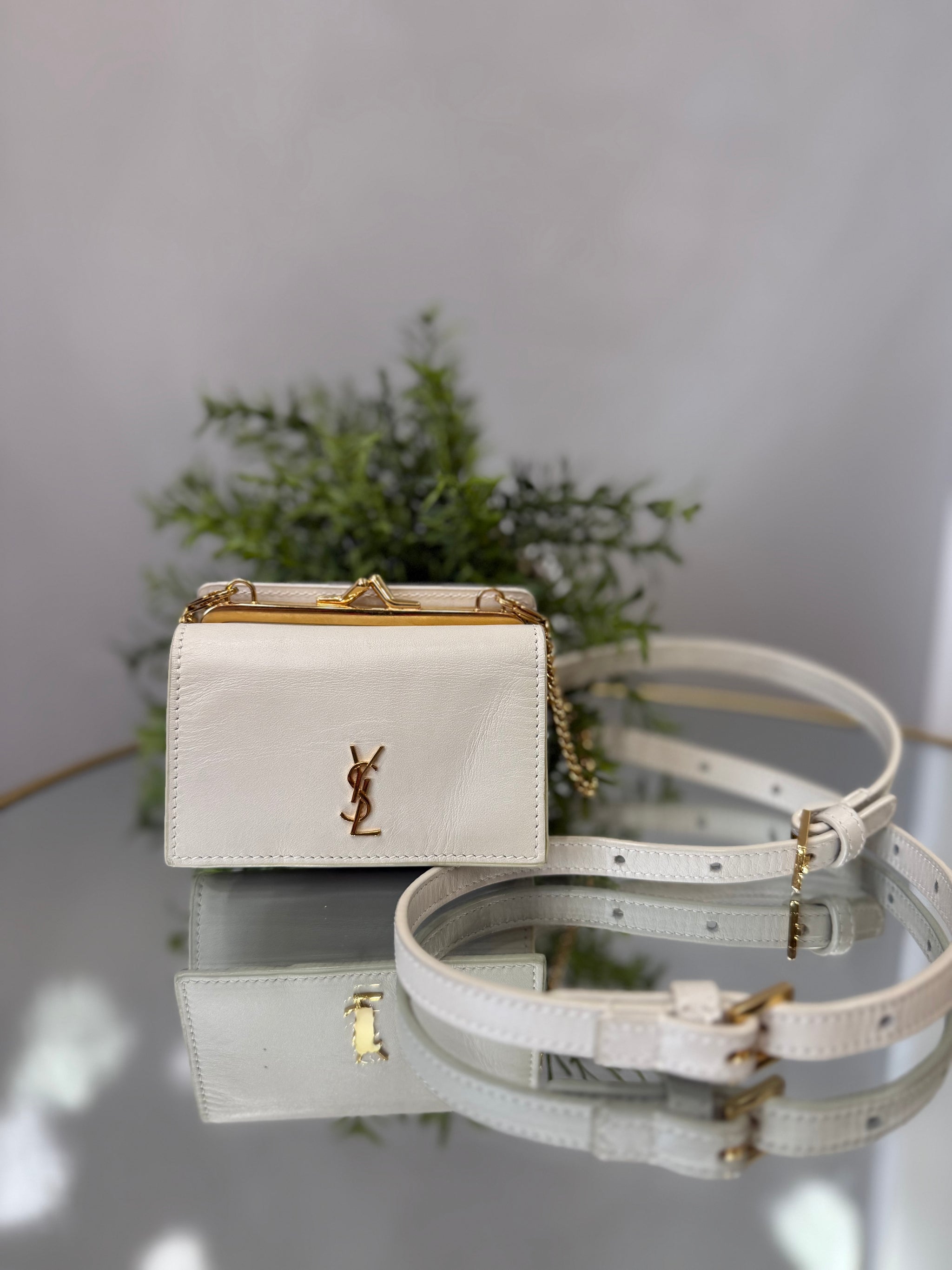 Saint Laurent YSL White Leather Compact Wallet on a Chain