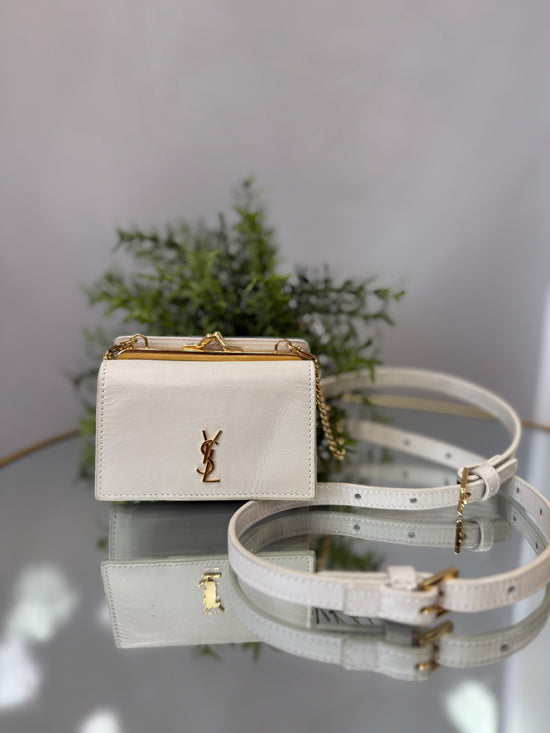 Saint Laurent YSL White Leather Compact Wallet on a Chain