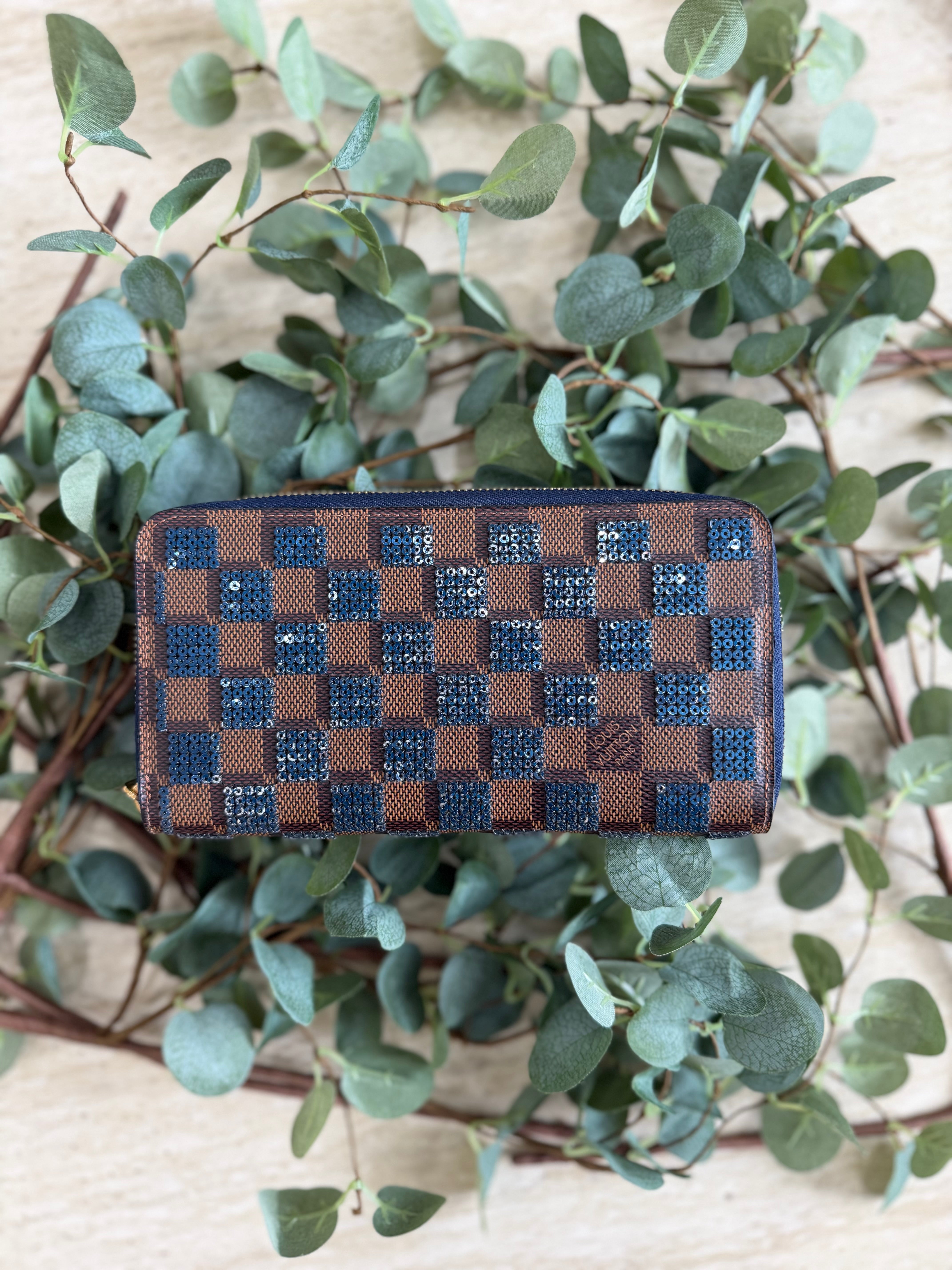 Louis Vuitton Limited Edition Damier Ebene Blue Sequin Zippy Wallet