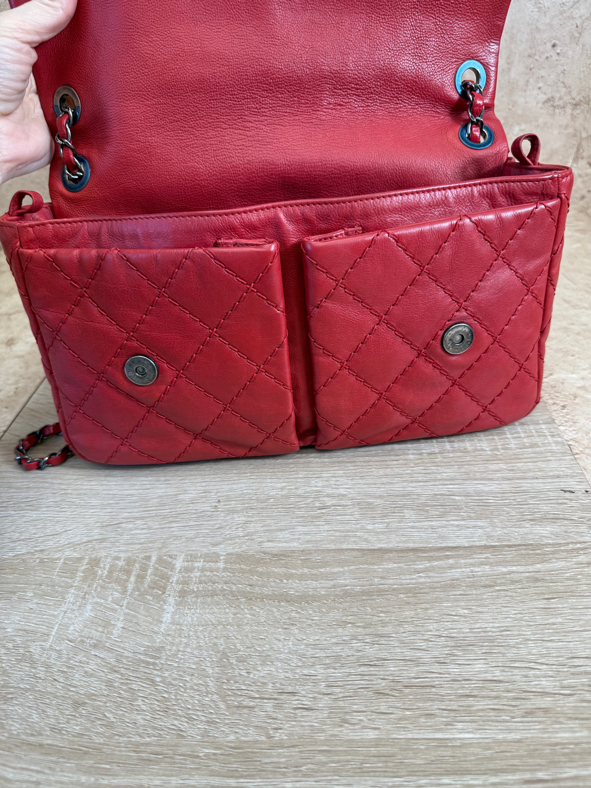 Chanel Red Double Pocket Stitch Chain Crossbody Bag