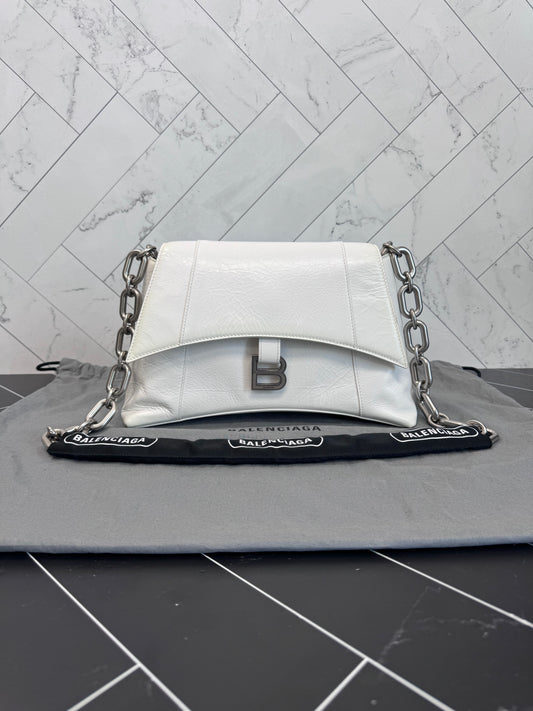 Balenciaga White Crinkle Leather Hourglass Medium Chain Shoulder Bag