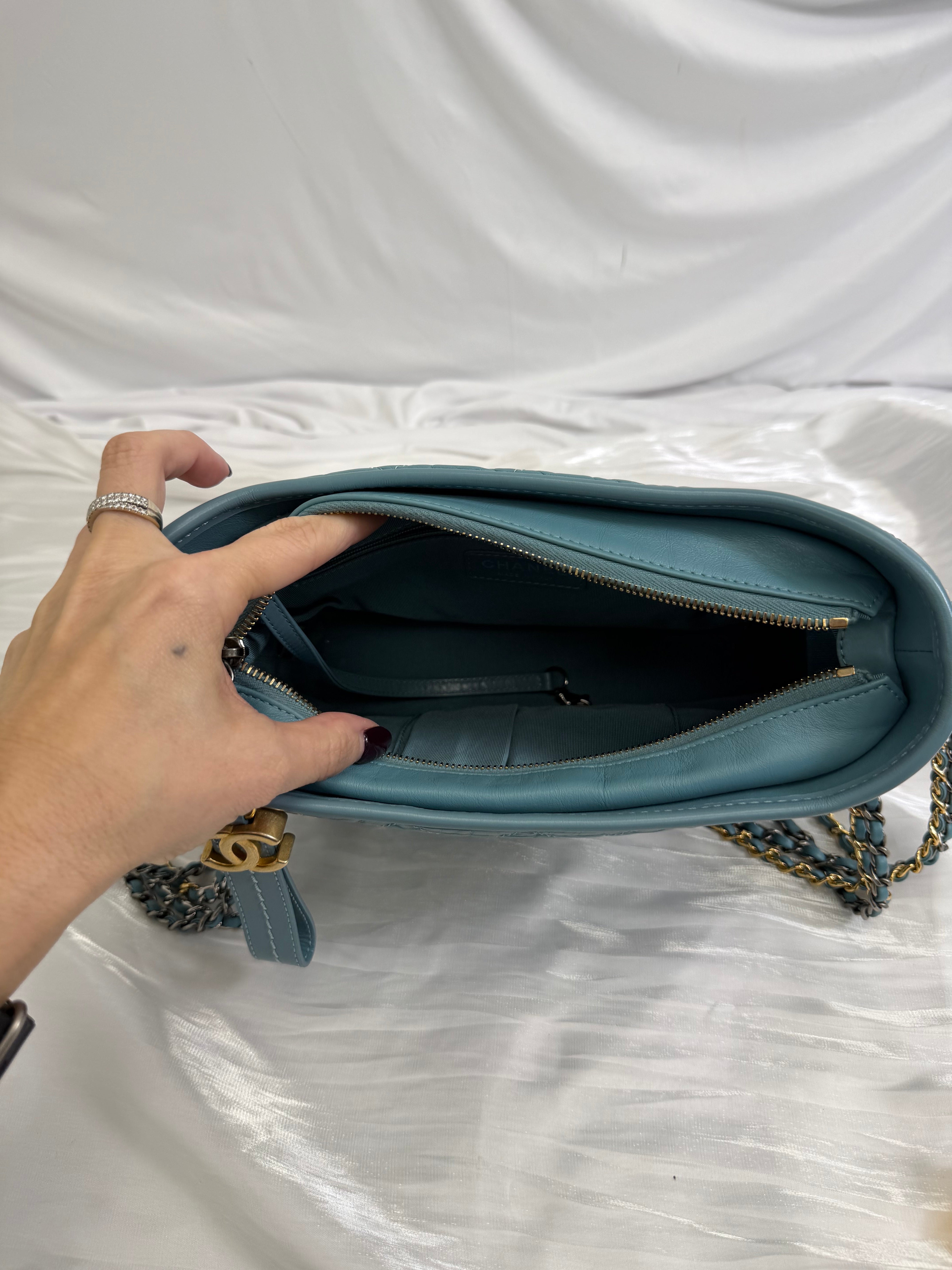 Chanel Dusty Blue Aged Quilted Calfskin Small Gabrielle  Hobo Bag