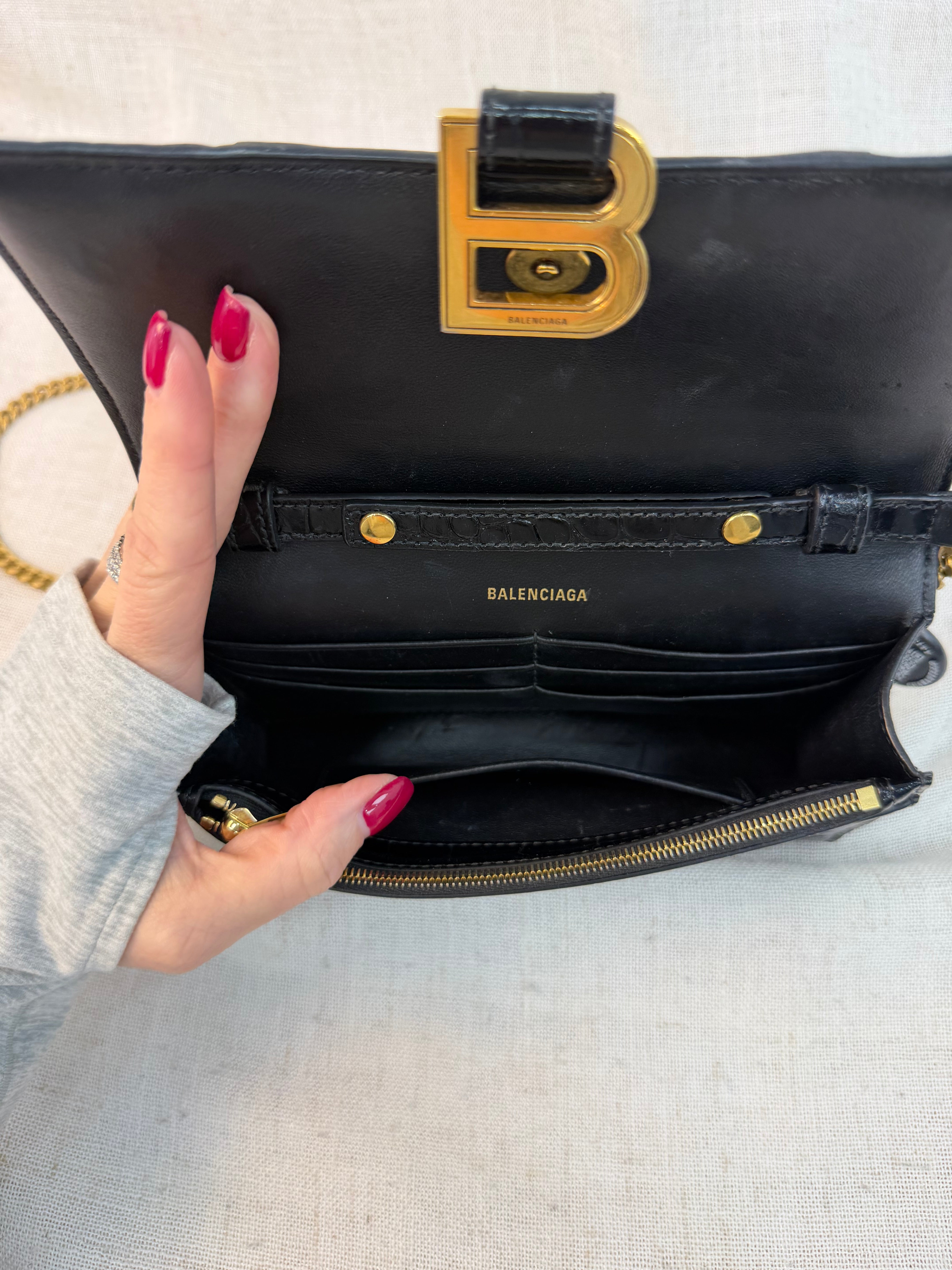 Balenciaga Black Croc Embossed Hourglass Wallet on Chain