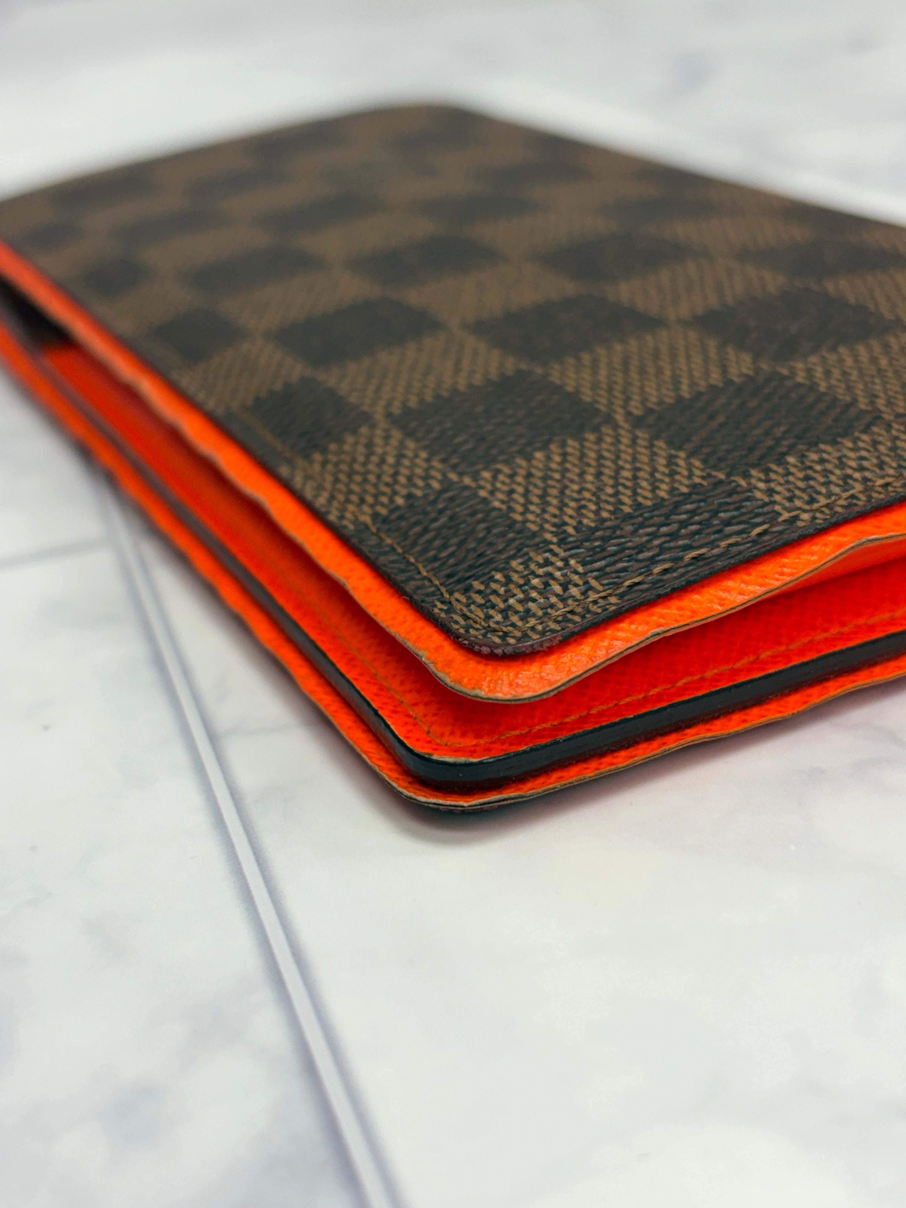 Louis Vuitton Damier Ebene & Neon Orange Brazza Wallet