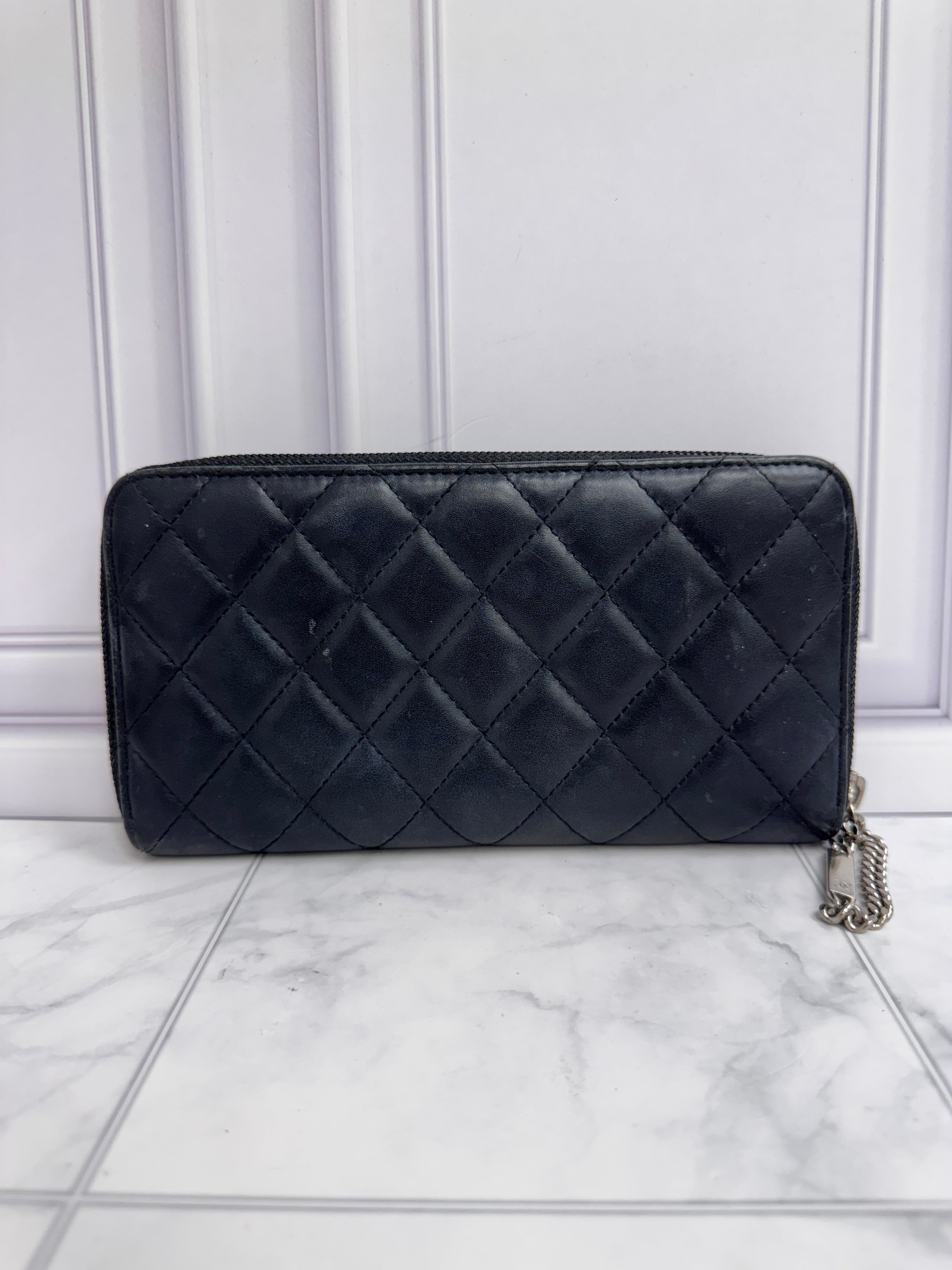 Chanel Black Diamond Quilted Cambon Line Zippy Wallet