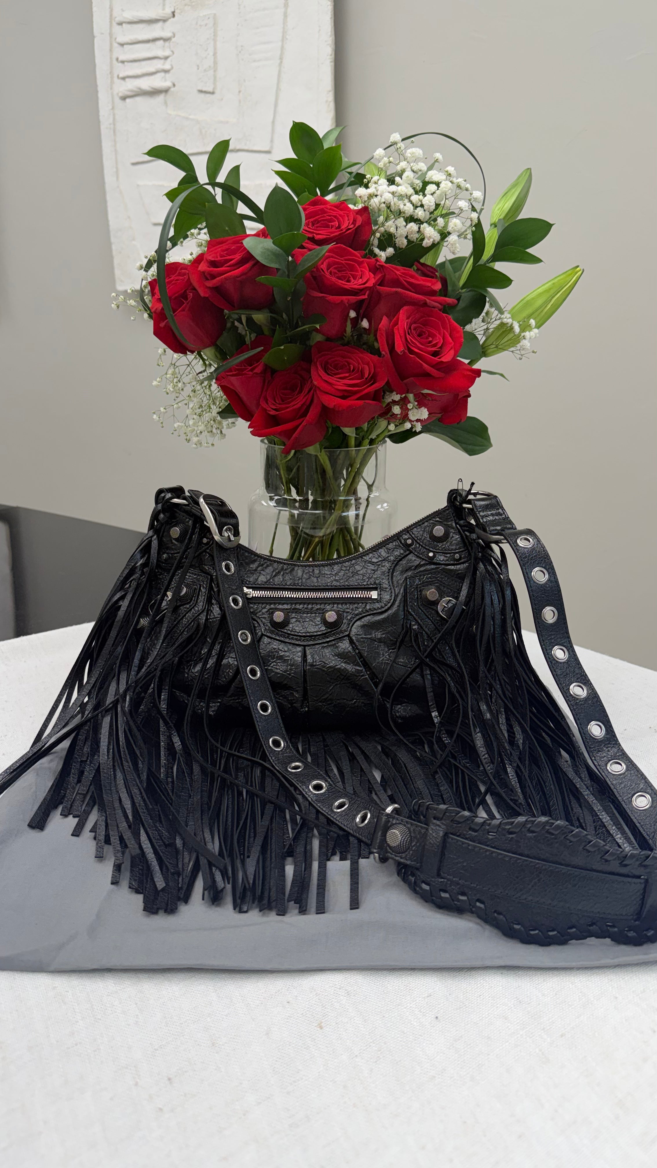 BRAND NEW- Balenciaga Black Leather Small Le Cagole Fringe Shoulder Bag