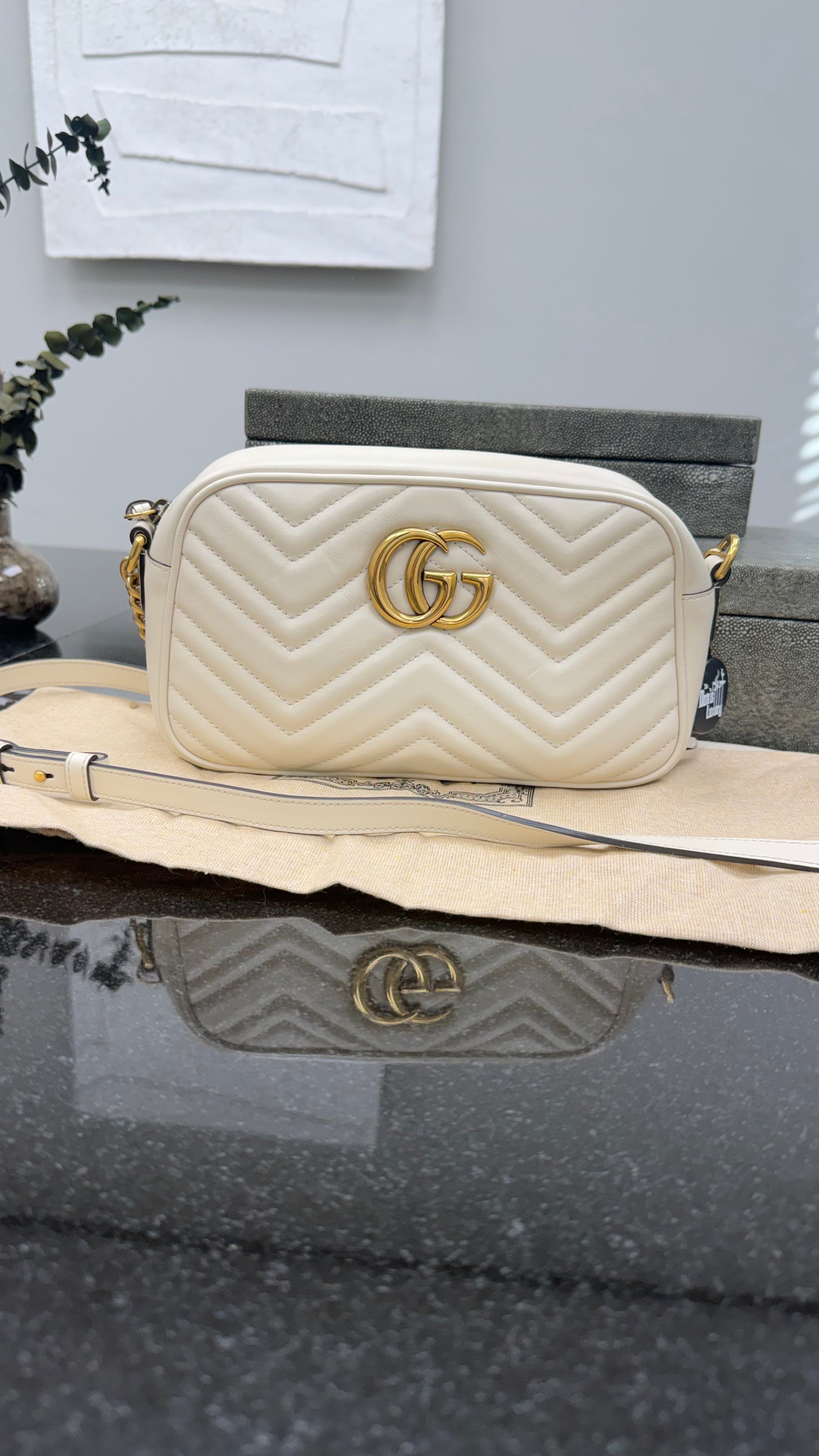 Gucci Cream Chevron Quilted Leather GG Marmont Small Camera Bag