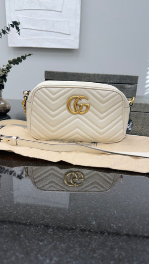 Gucci Cream Chevron Quilted Leather GG Marmont Small Camera Bag