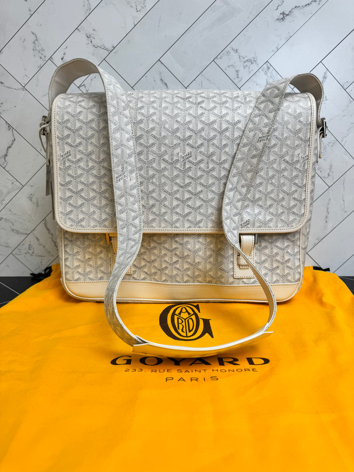 BRAND NEW Goyard White Goyardine Leather Grand Bleu Messenger Bag