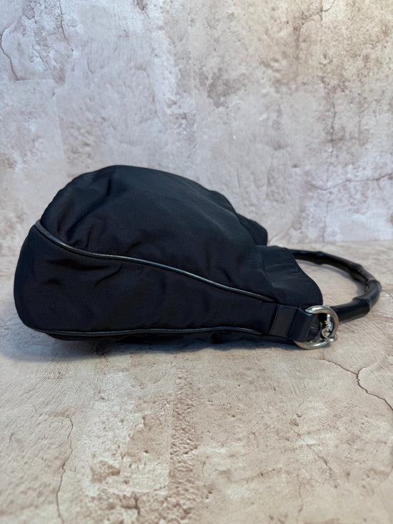 Gucci Black Bamboo Canvas & Leather Shoulder Bag