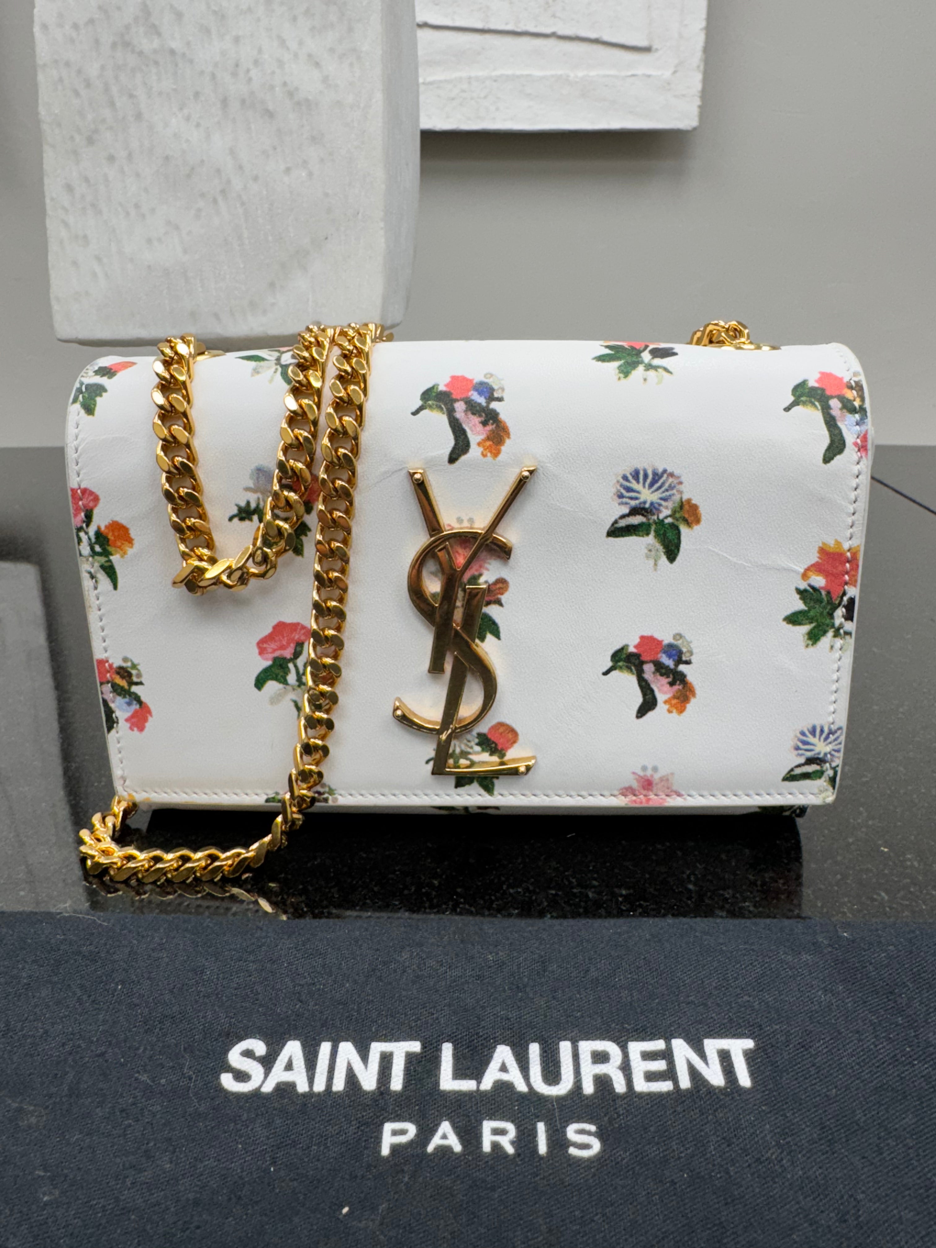 Saint Laurent YSL White And Floral Leather Chain Shoulder Bag