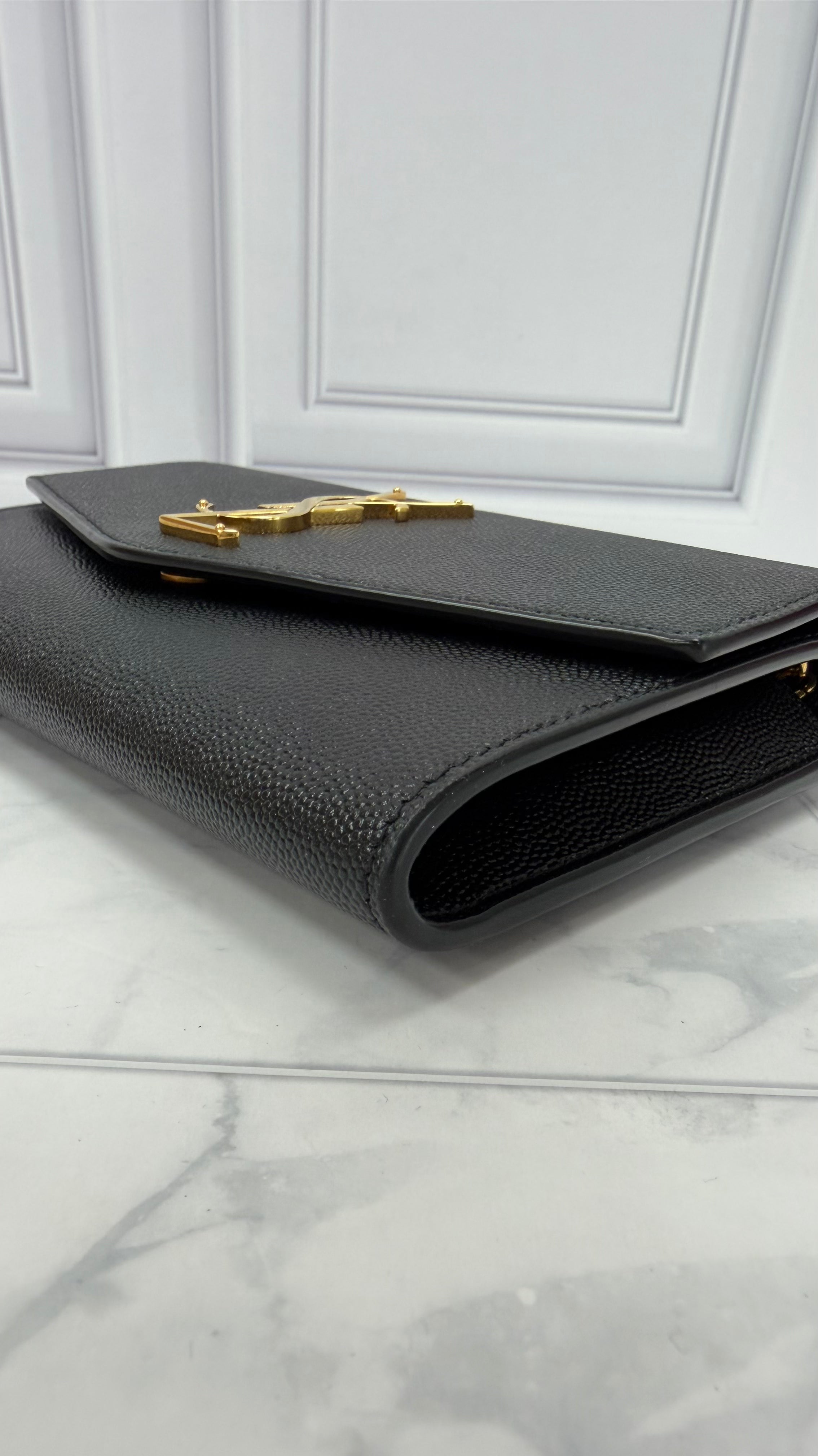 *DONS DROP* Saint Laurent YSL Black Pebbled Leather Envelope Wallet on a Chain