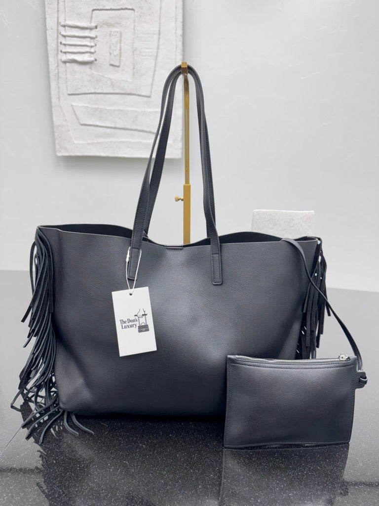 Saint Laurent YSL Black Leather Fringe Tote Bag