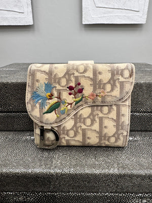 Christian Dior Beige Canvas Floral Embroidered Saddle Compact Wallet