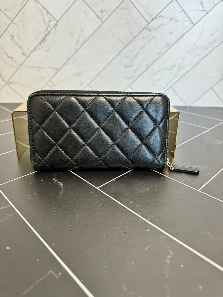 Chanel Black Lambskin Charms Zippy Compact Wallet