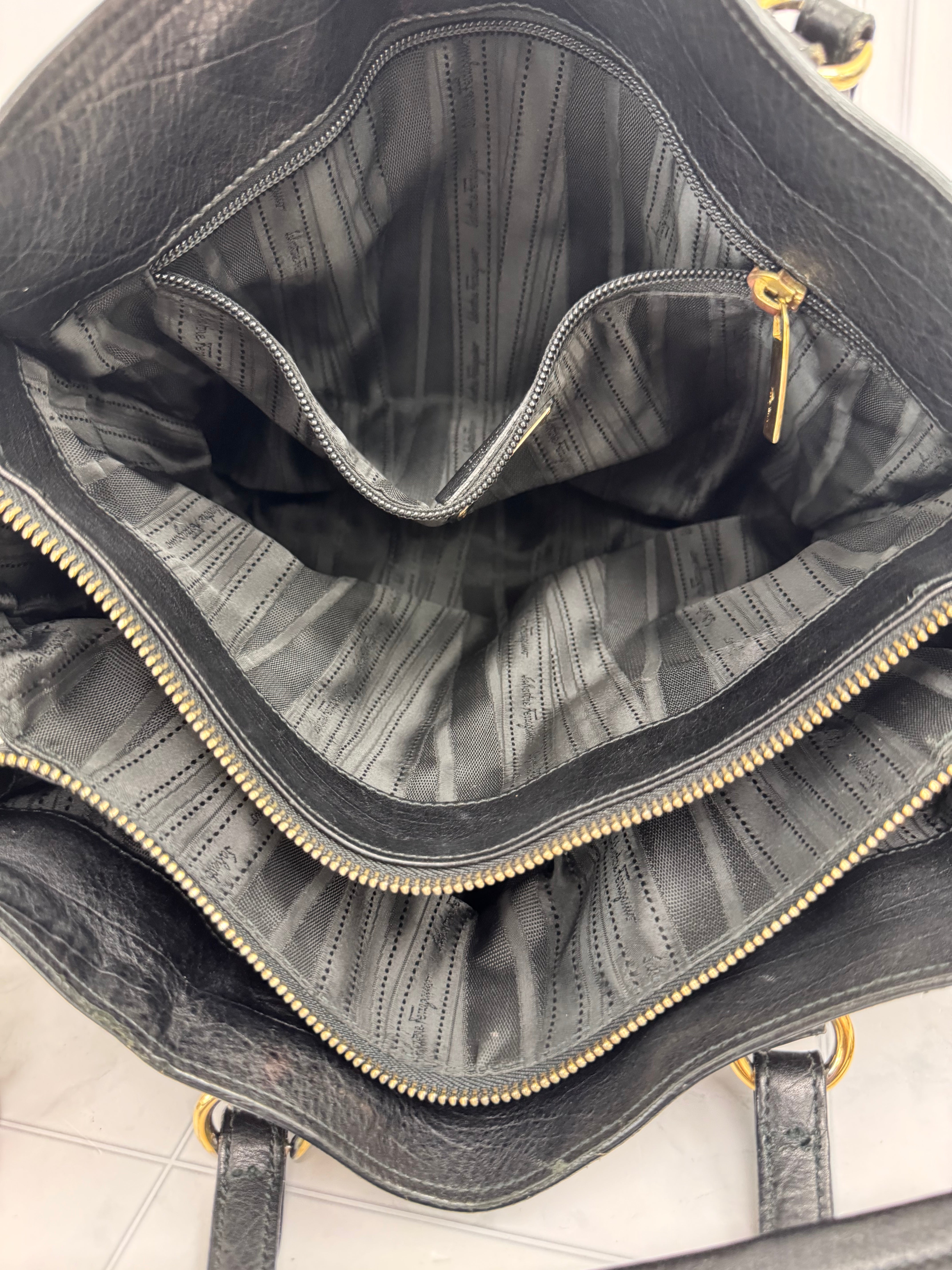 Salvatore Ferragamo Black Leather Chain Tote Bag