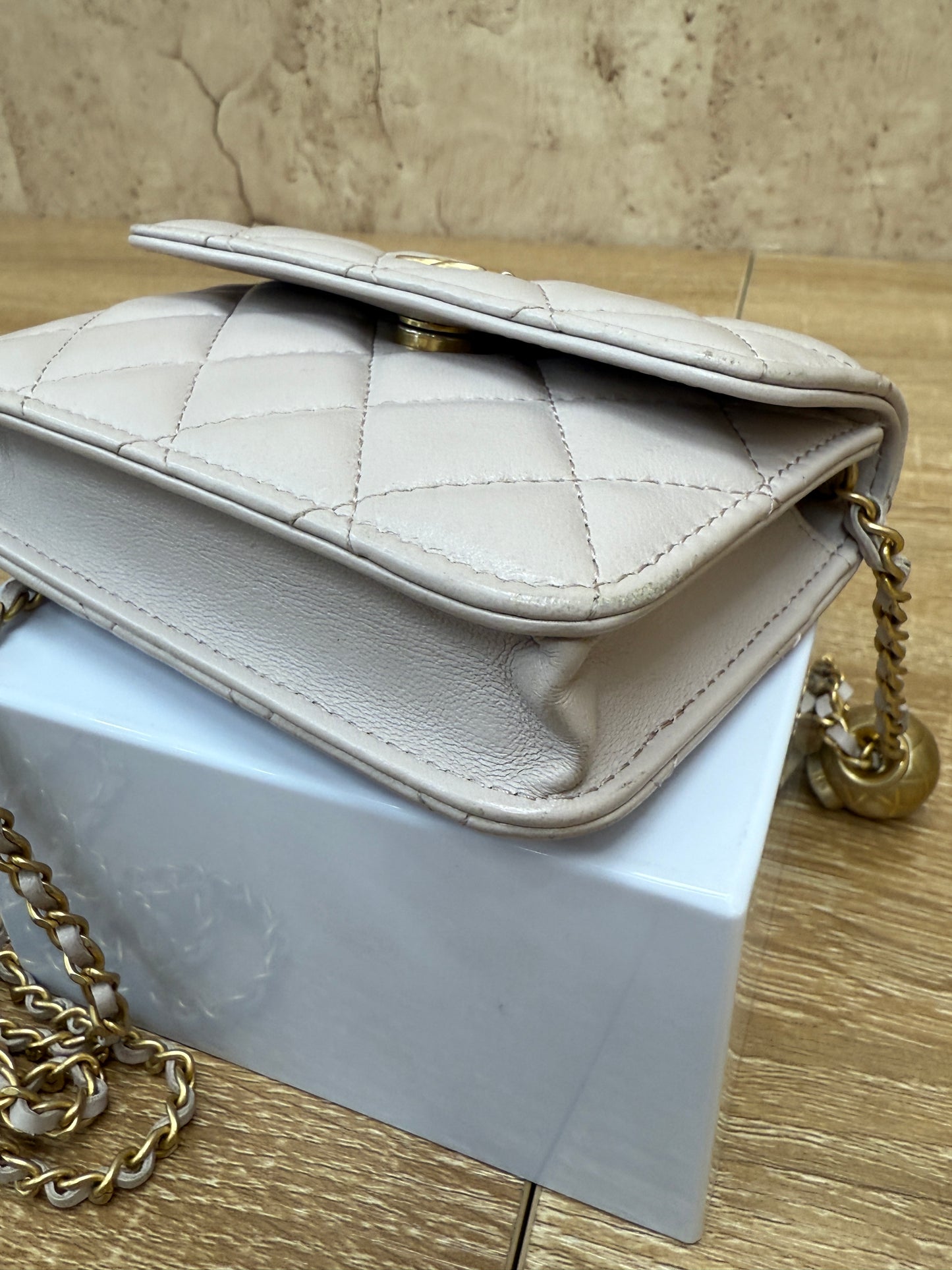 Chanel Taupe Quilted Calfskin Mini Pearl Crush Flap Clutch with Chain