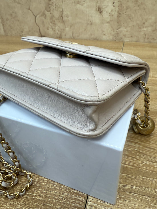 Chanel Taupe Quilted Calfskin Mini Pearl Crush Flap Clutch with Chain