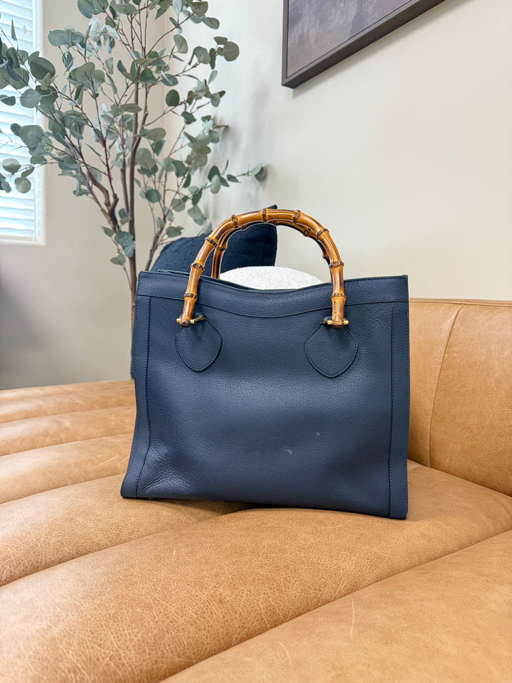 Gucci Navy Blue Leather Diana Bamboo Tote Bag