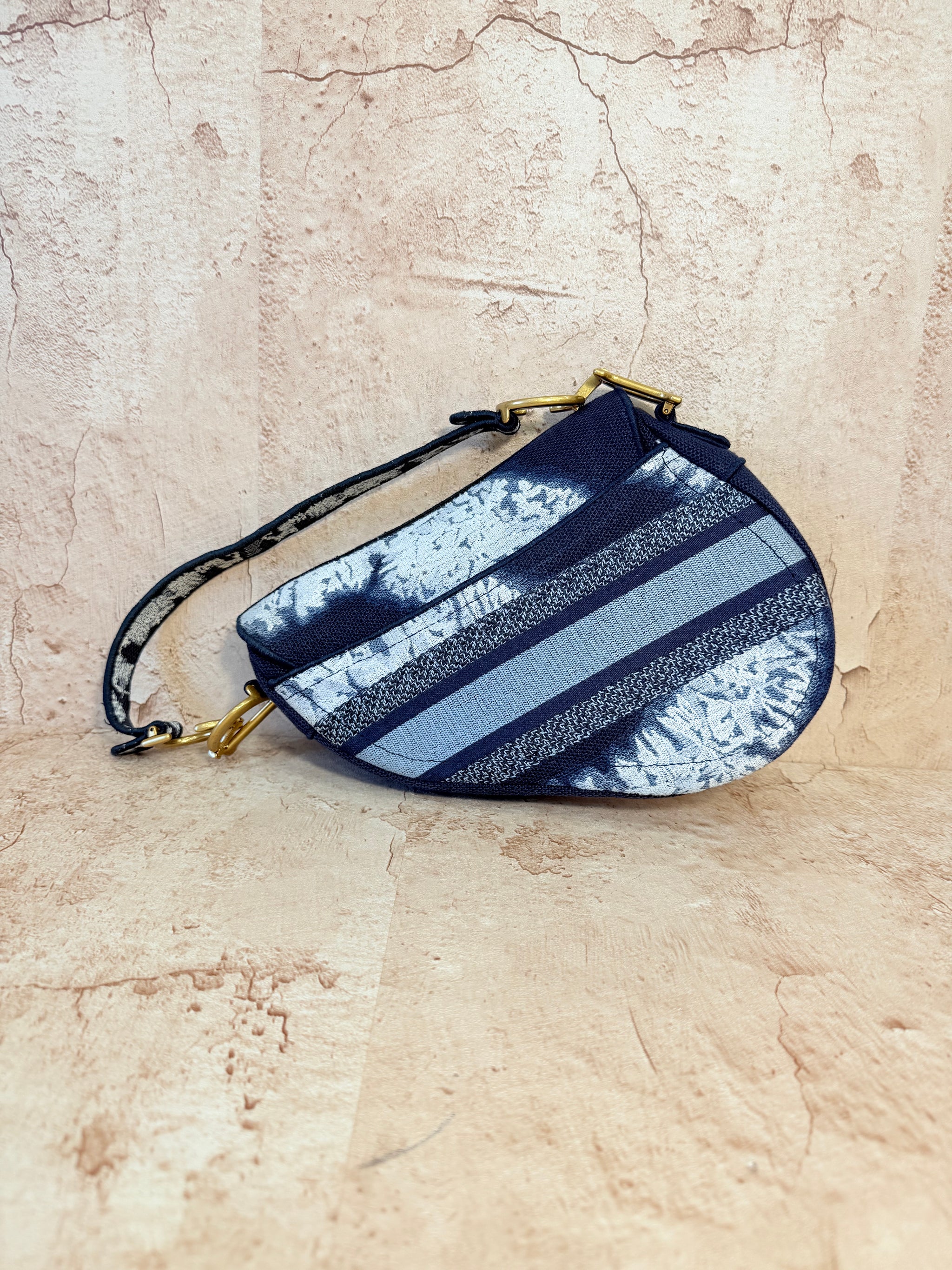 Christian Dior Tye Dye Blue Multicolor Canvas Embroidered Saddle Bag