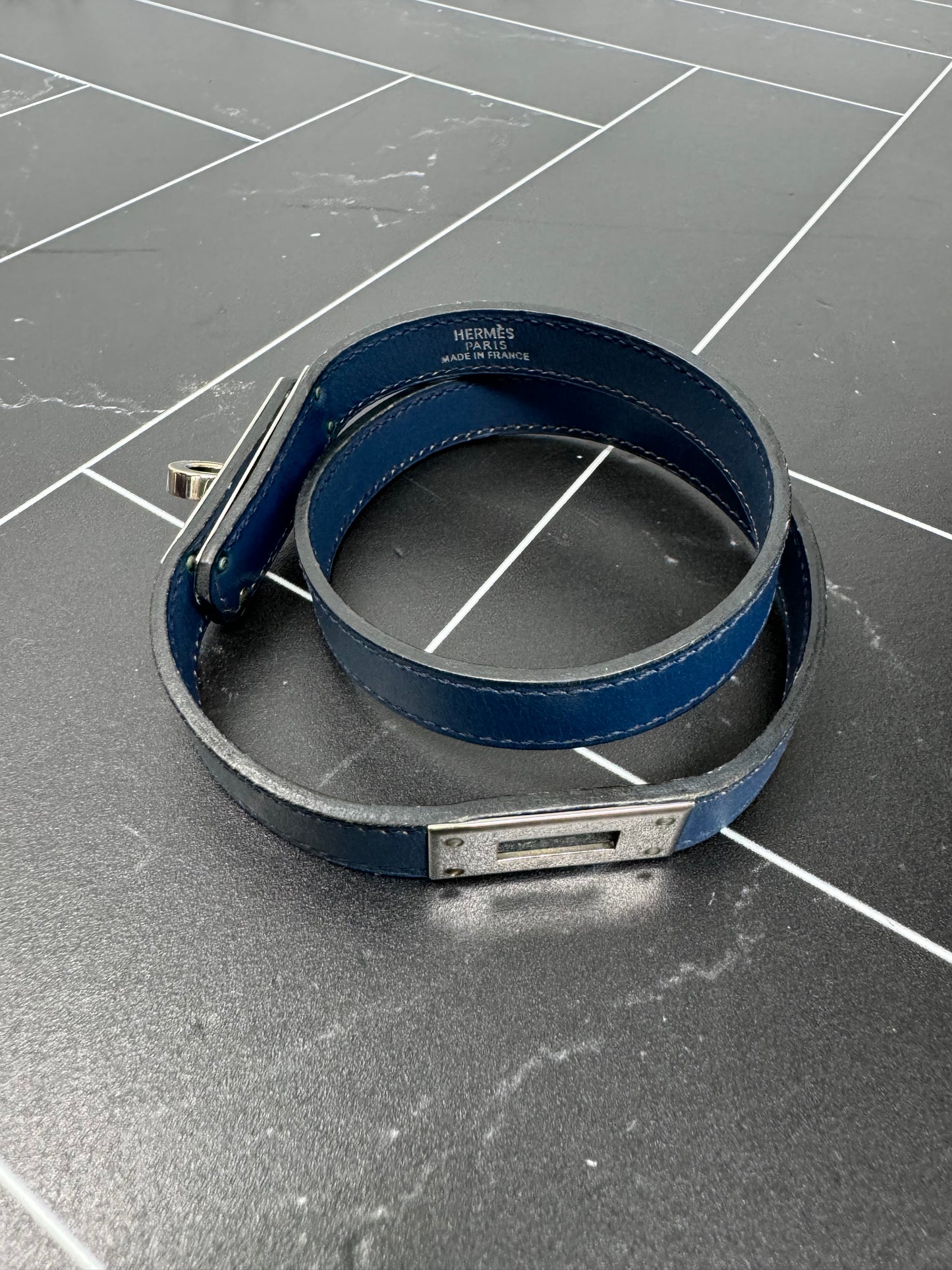 Hermes Navy Blue Leather Double Wrap Kelly Bracelet / Necklace