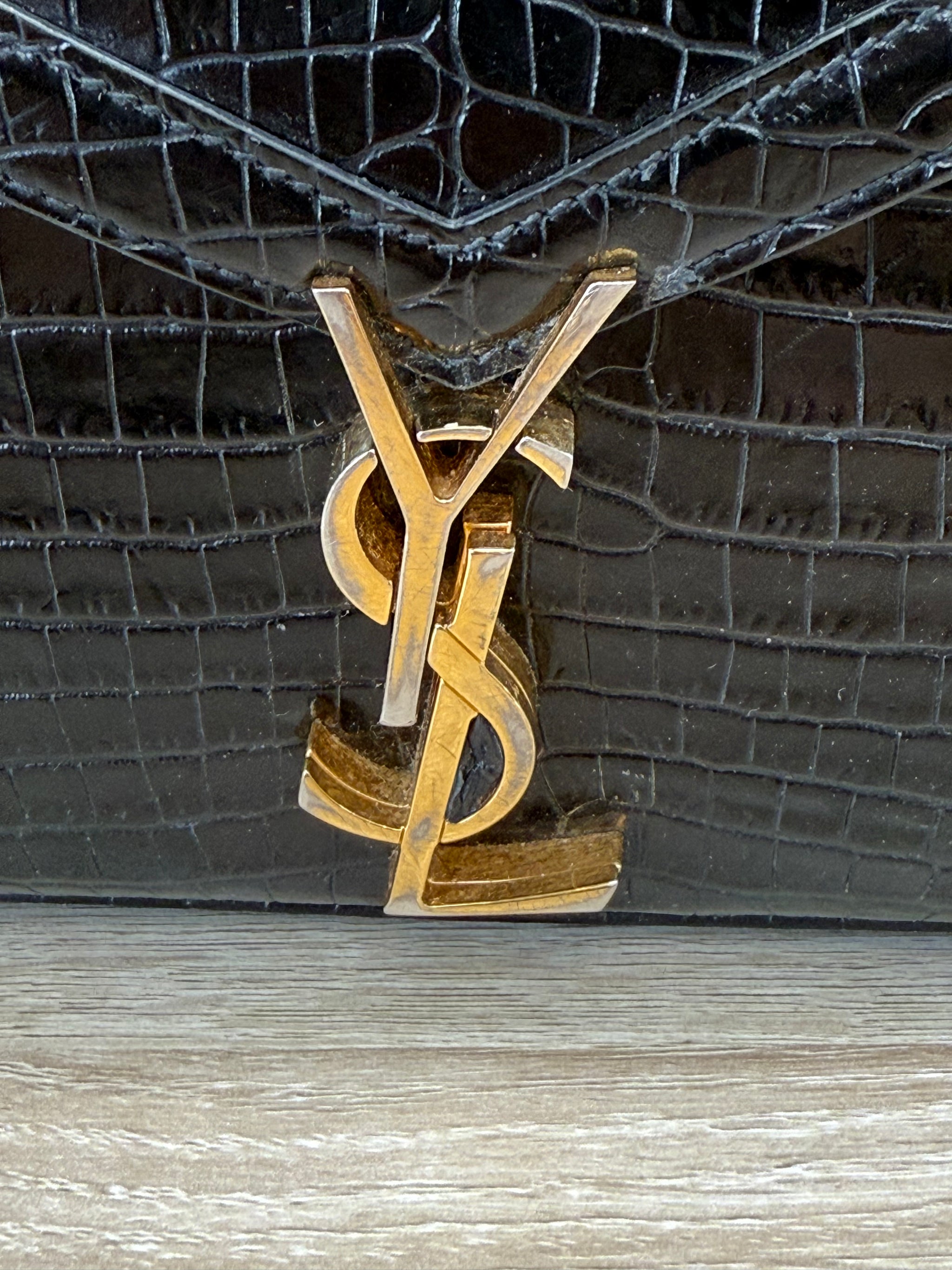 Saint Laurent YSL Black Crocodile Embossed Leather Cassandra Mini Top Handle Bag