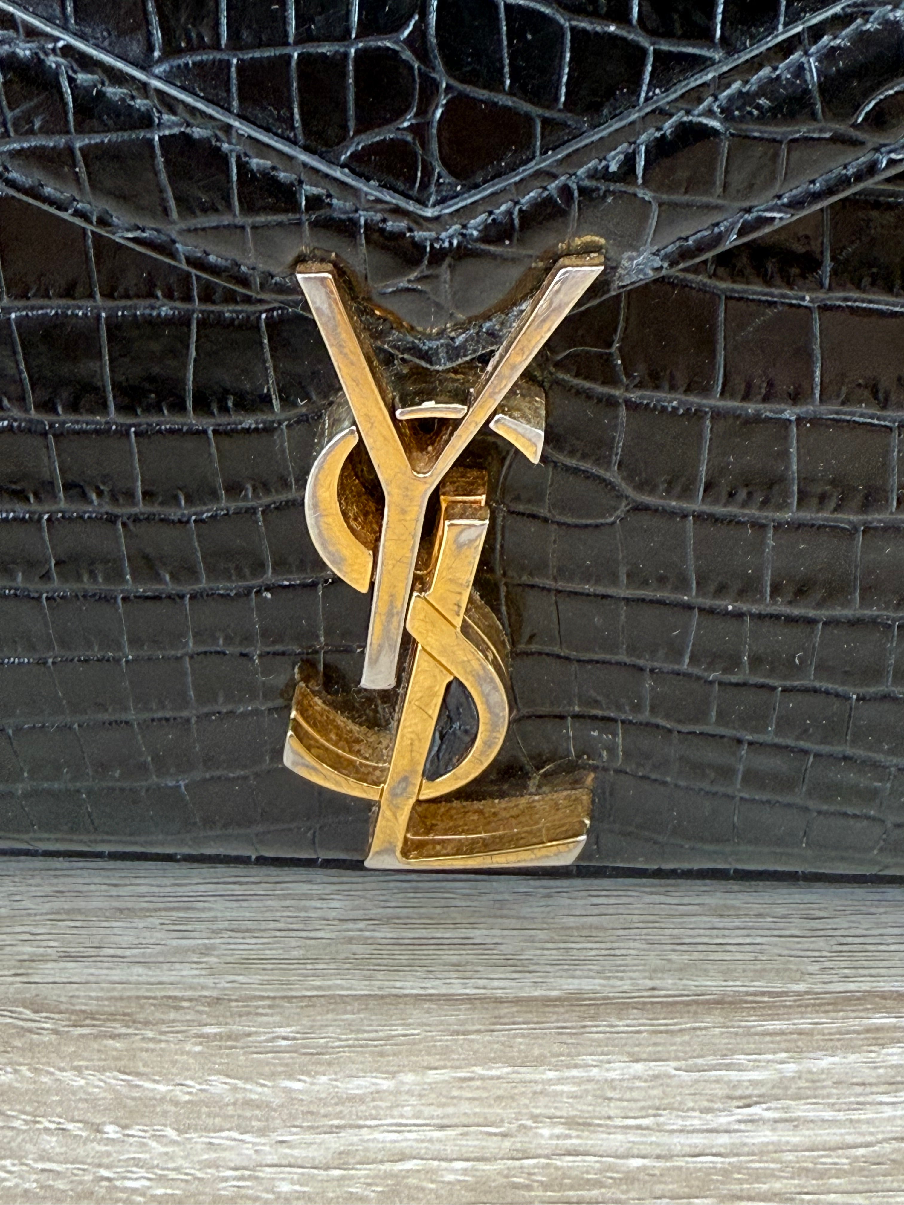 Saint Laurent YSL Black Crocodile Embossed Leather Cassandra Mini Top Handle Bag